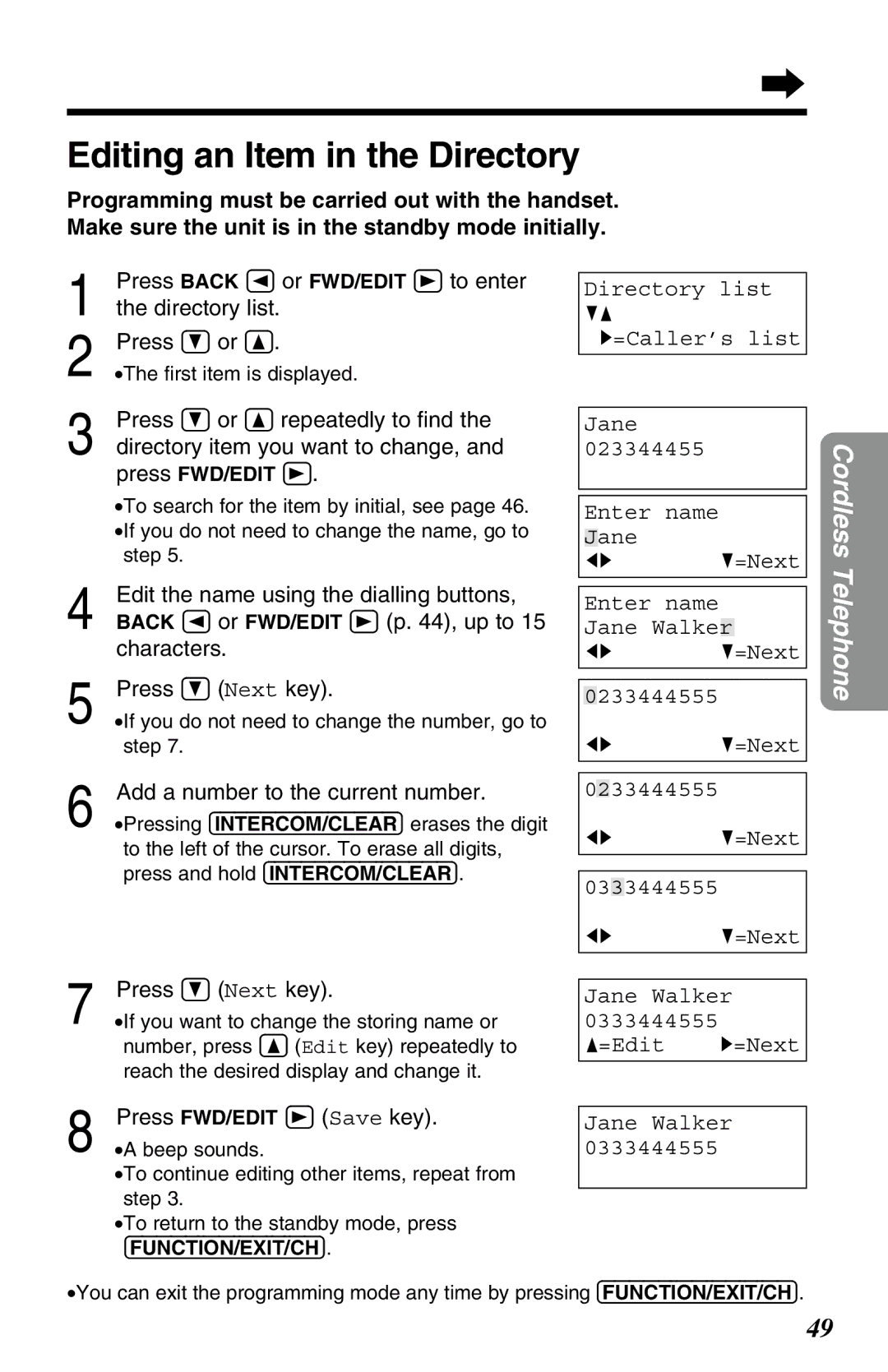 Panasonic KX-TG2583ALB, KX-TG2583ALS, KX-TG2583NZS operating instructions Editing an Item in the Directory 