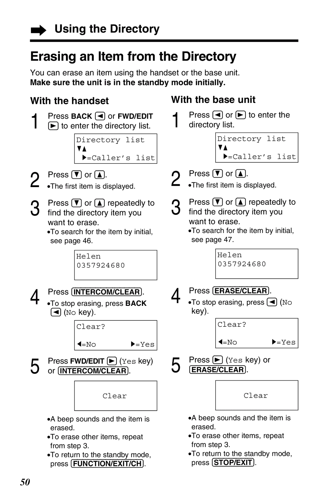 Panasonic KX-TG2583ALB, KX-TG2583ALS, KX-TG2583NZS operating instructions Erasing an Item from the Directory 