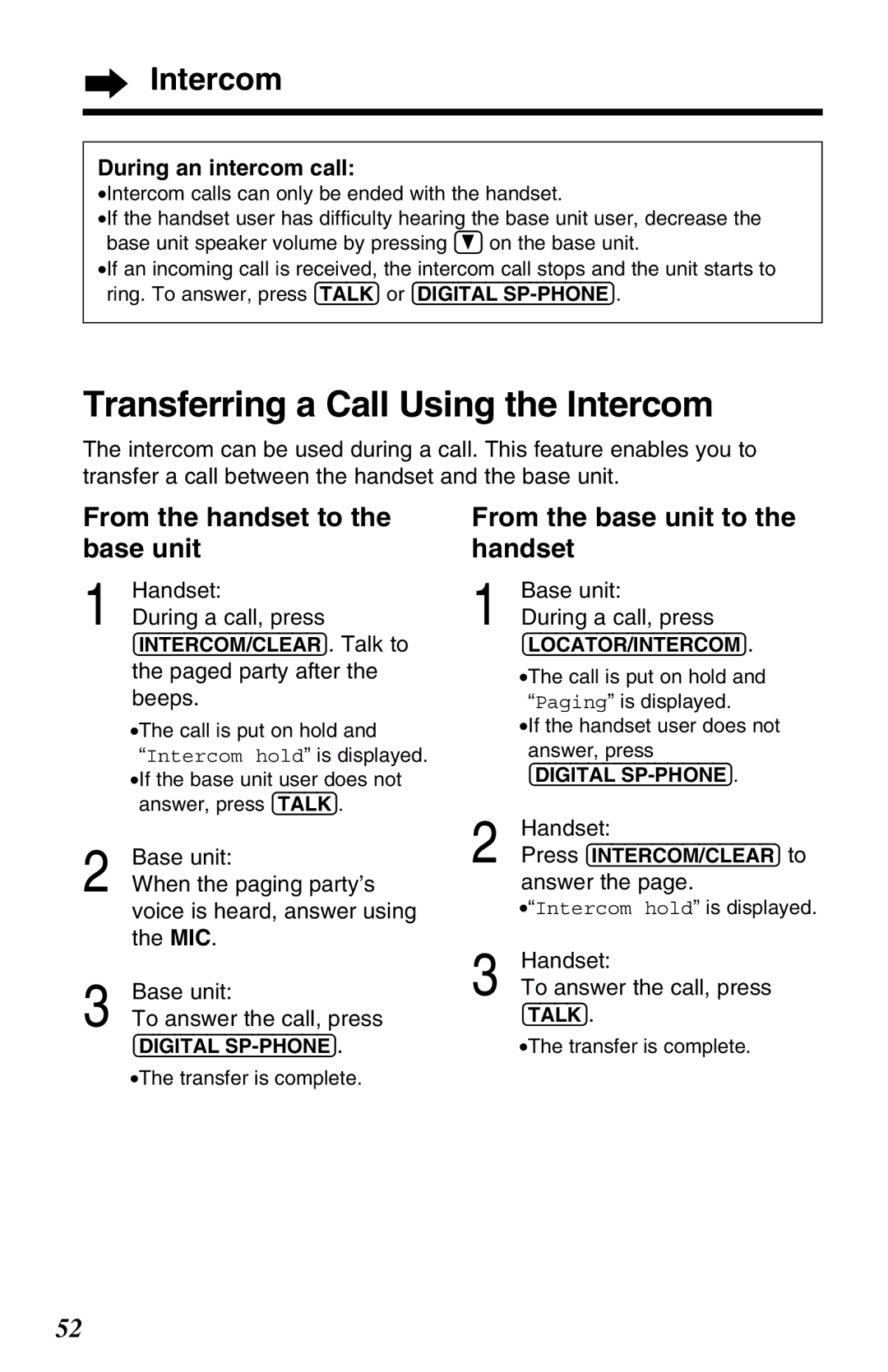 Panasonic KX-TG2583ALB, KX-TG2583ALS, KX-TG2583NZS Transferring a Call Using the Intercom, During an intercom call 