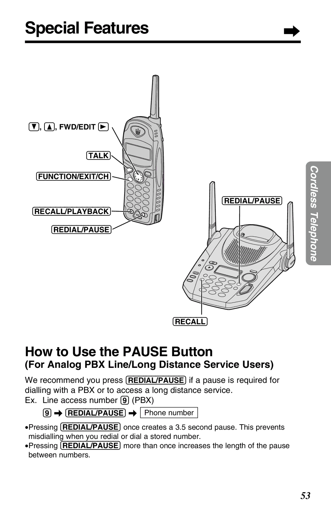 Panasonic KX-TG2583ALB, KX-TG2583ALS, KX-TG2583NZS operating instructions Special Features, How to Use the Pause Button 