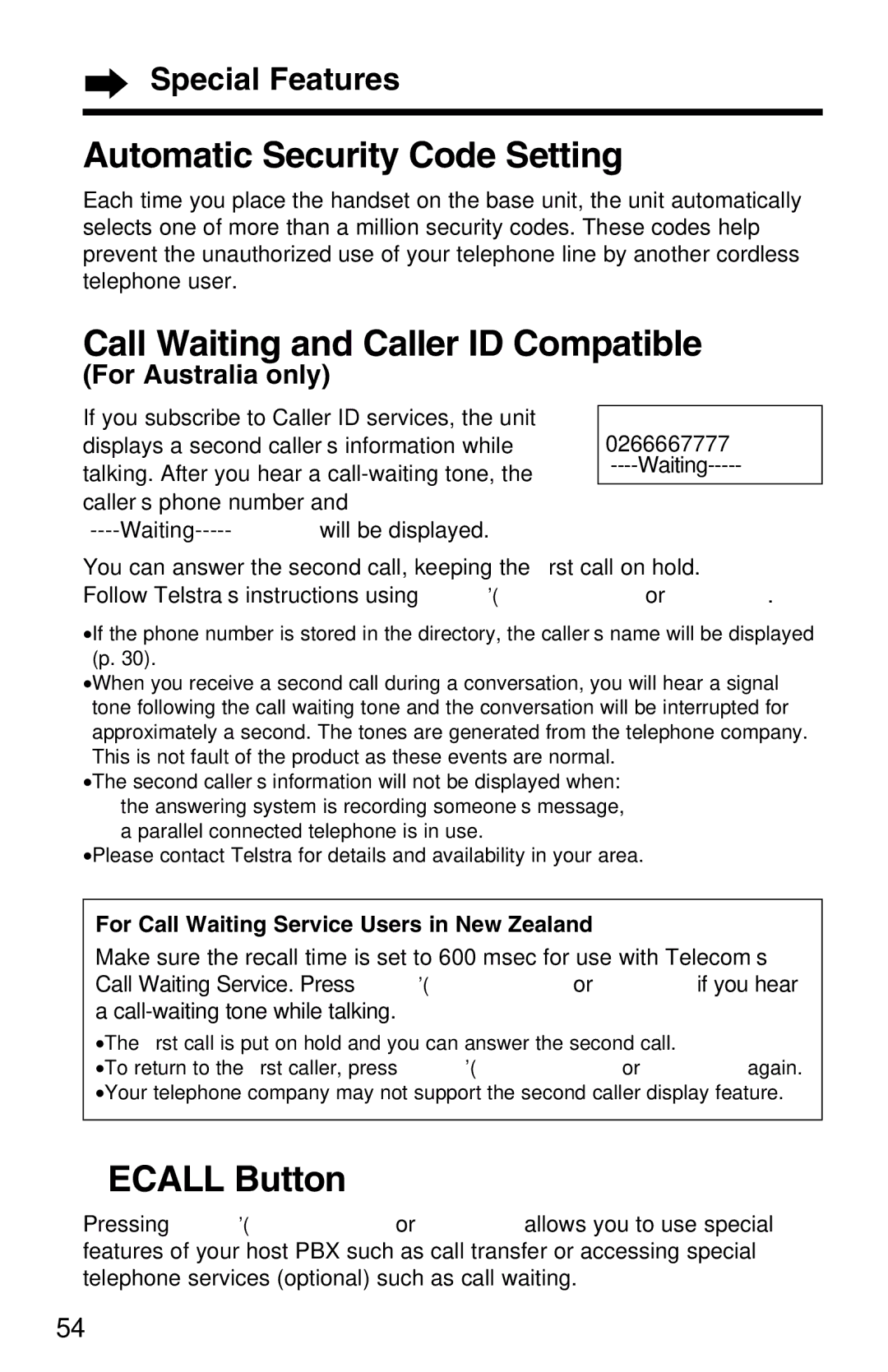 Panasonic KX-TG2583ALB, KX-TG2583ALS, KX-TG2583NZS Automatic Security Code Setting, Call Waiting and Caller ID Compatible 