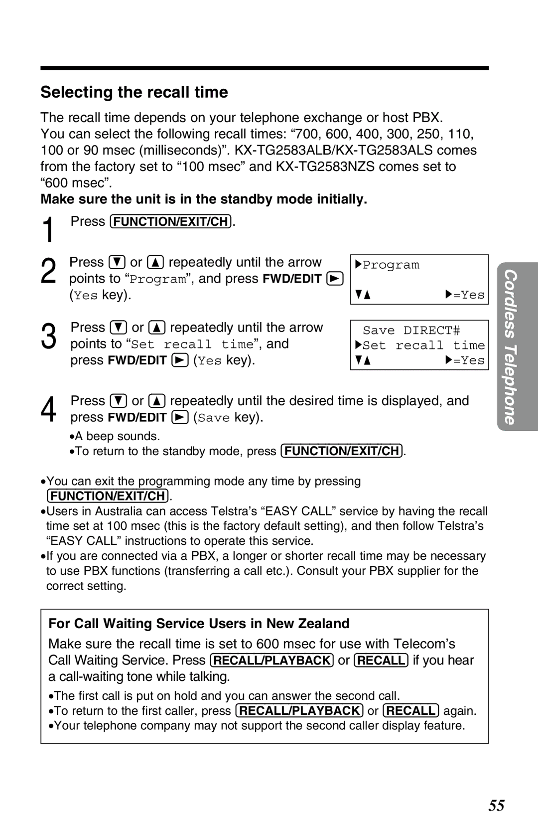 Panasonic KX-TG2583ALB, KX-TG2583ALS, KX-TG2583NZS Selecting the recall time, Points to Set recall time, HSet recall time 