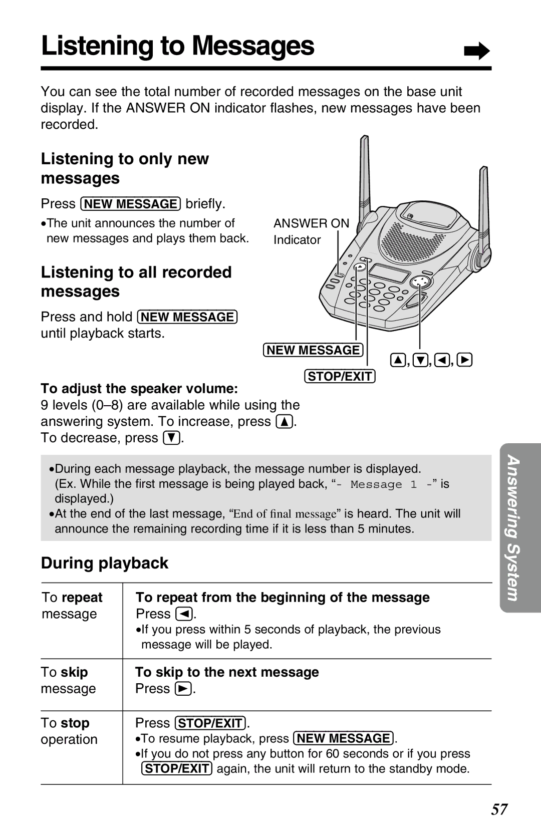 Panasonic KX-TG2583ALB, KX-TG2583ALS, KX-TG2583NZS Listening to Messages, Listening to only new messages, During playback 