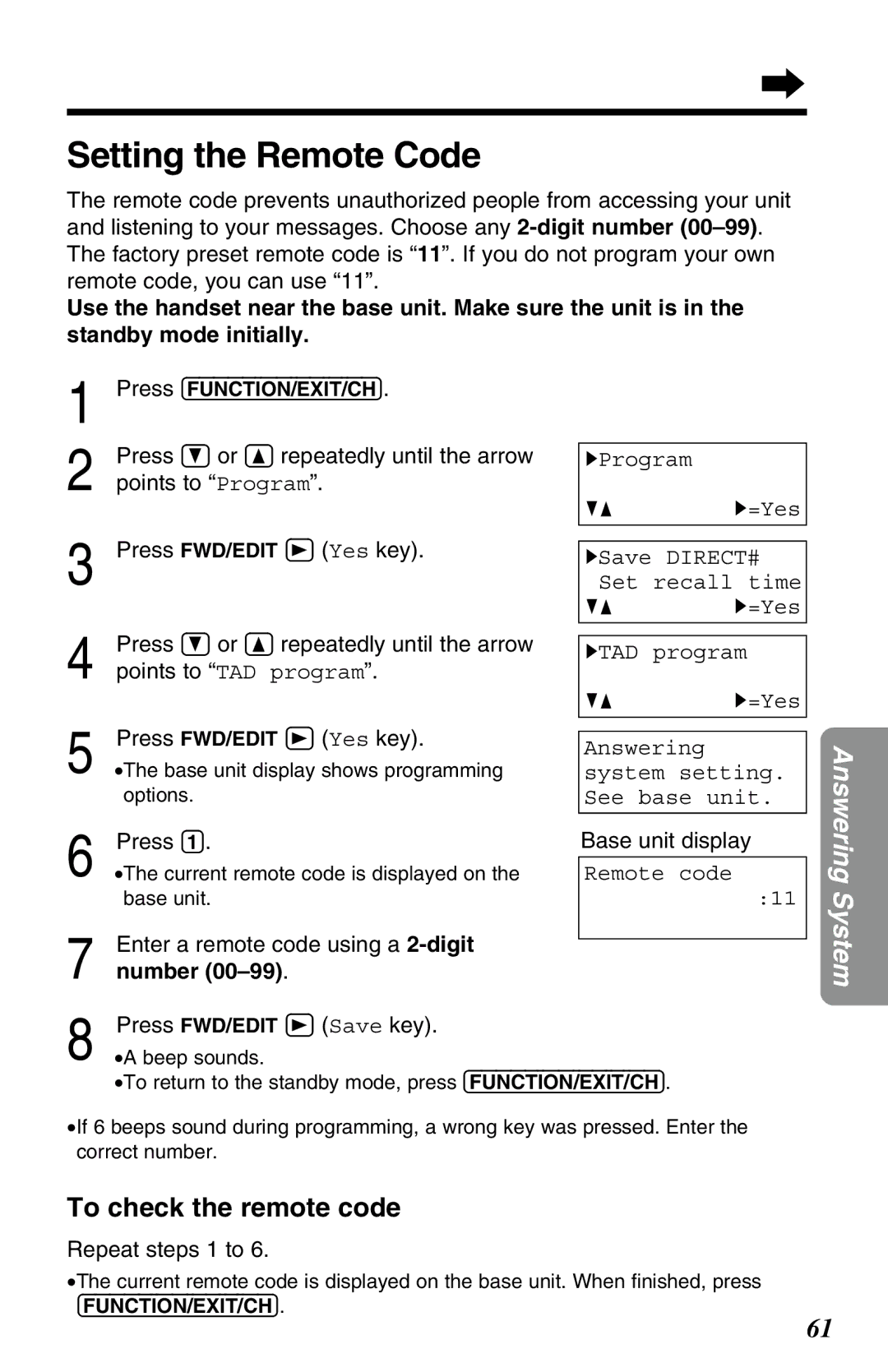 Panasonic KX-TG2583ALB, KX-TG2583ALS, KX-TG2583NZS Setting the Remote Code, To check the remote code, Number 