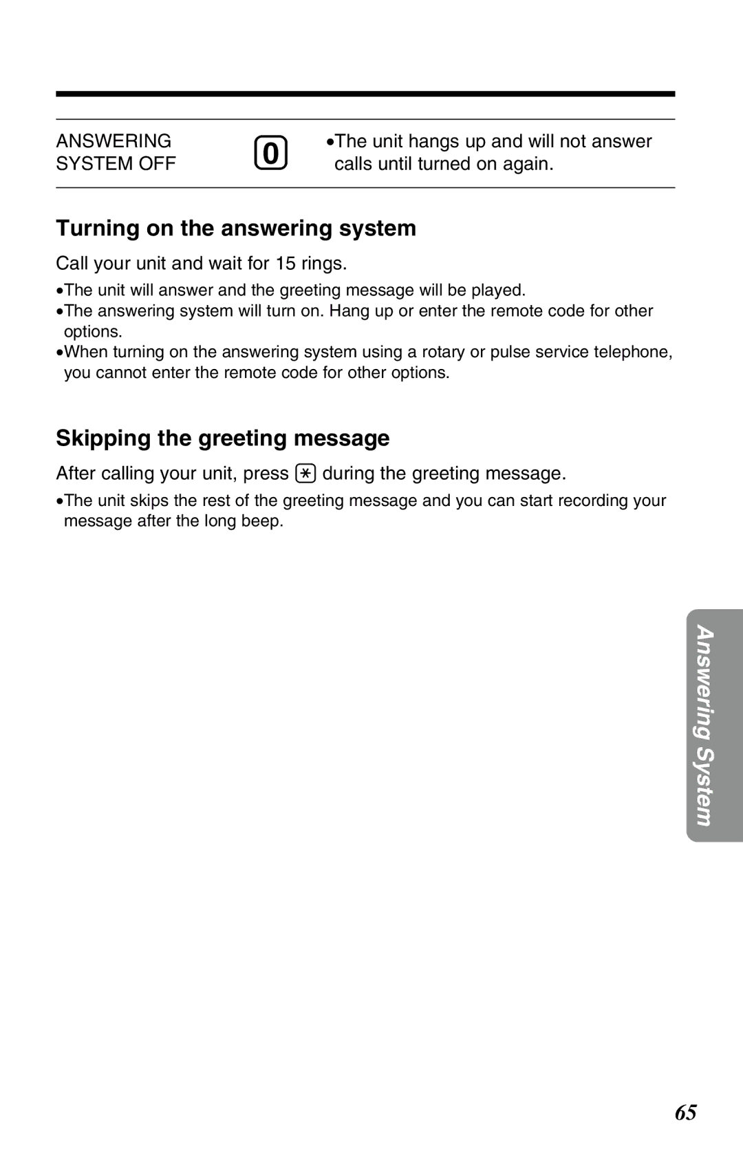 Panasonic KX-TG2583ALB, KX-TG2583ALS, KX-TG2583NZS Turning on the answering system, Skipping the greeting message 