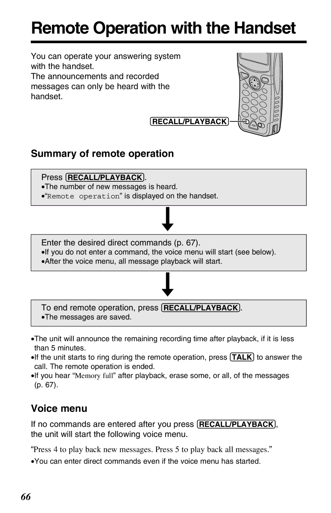 Panasonic KX-TG2583ALB, KX-TG2583ALS, KX-TG2583NZS operating instructions Remote Operation with the Handset, Voice menu 