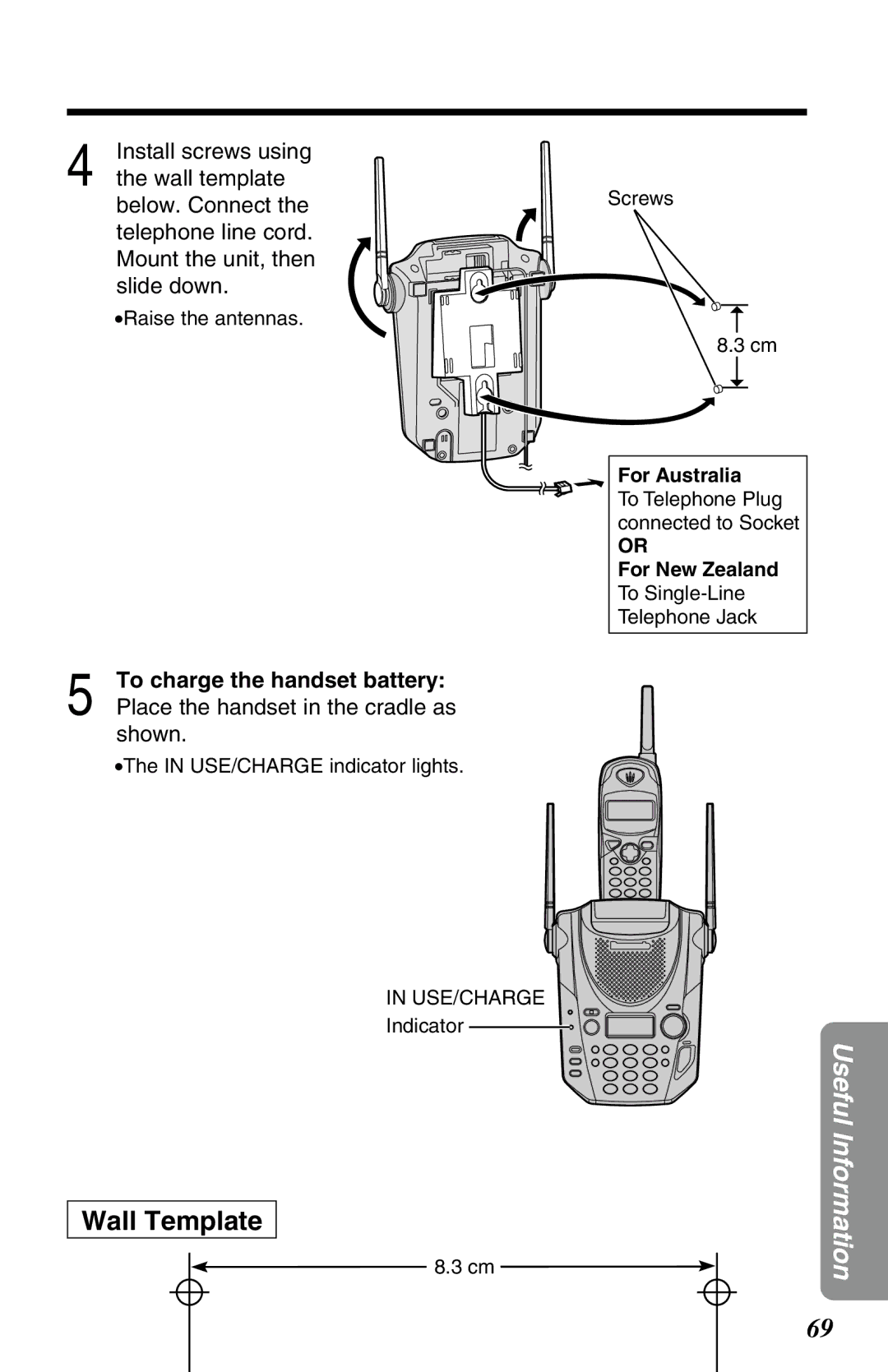 Panasonic KX-TG2583ALB, KX-TG2583ALS, KX-TG2583NZS operating instructions Wall Template, To charge the handset battery 