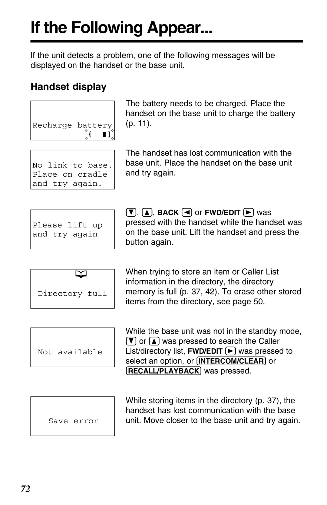 Panasonic KX-TG2583ALB, KX-TG2583ALS, KX-TG2583NZS operating instructions If the Following Appear, Handset display 