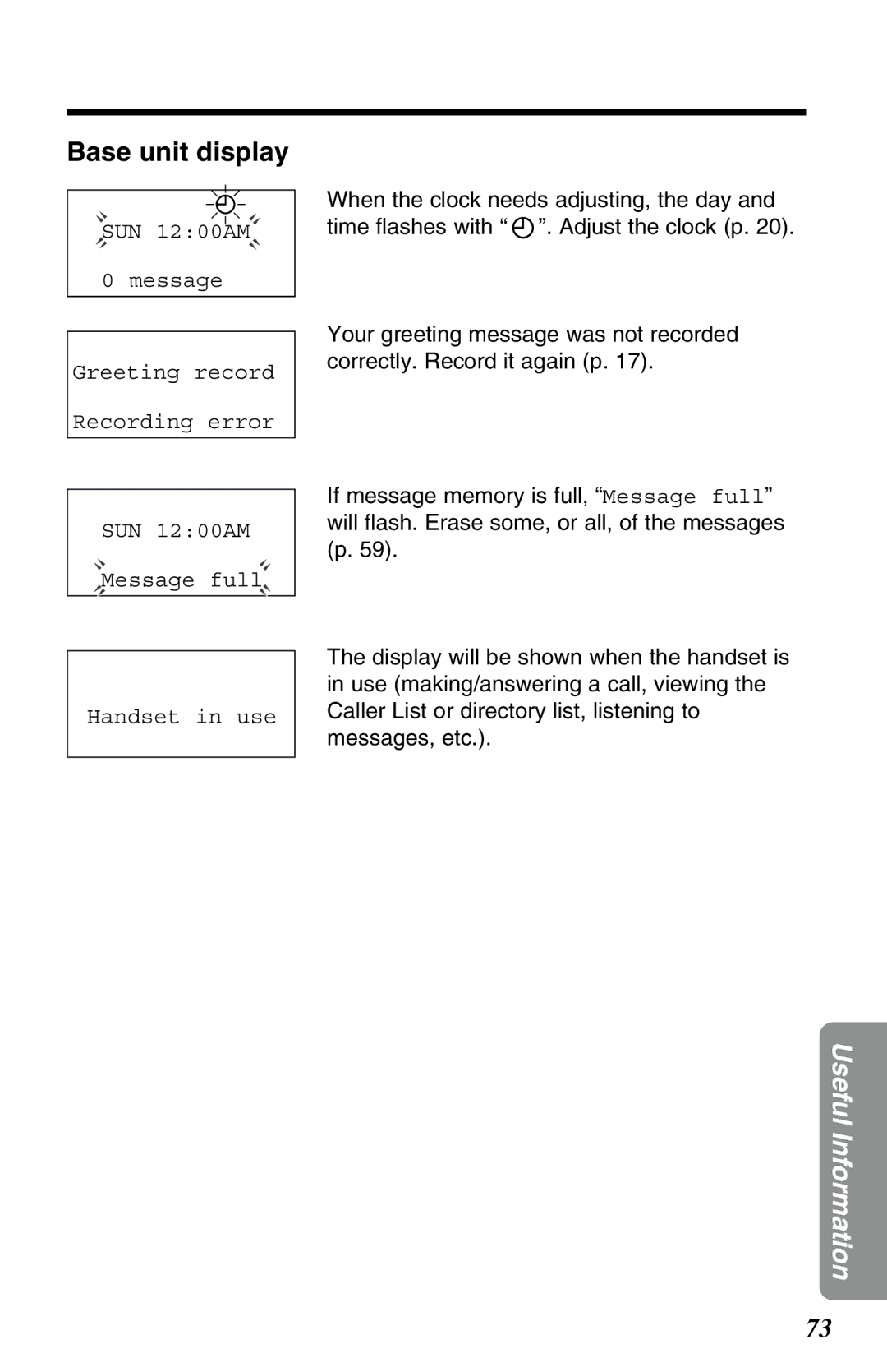 Panasonic KX-TG2583ALB, KX-TG2583ALS, KX-TG2583NZS Base unit display, SUN 1200AM 0 message Greeting record Recording error 