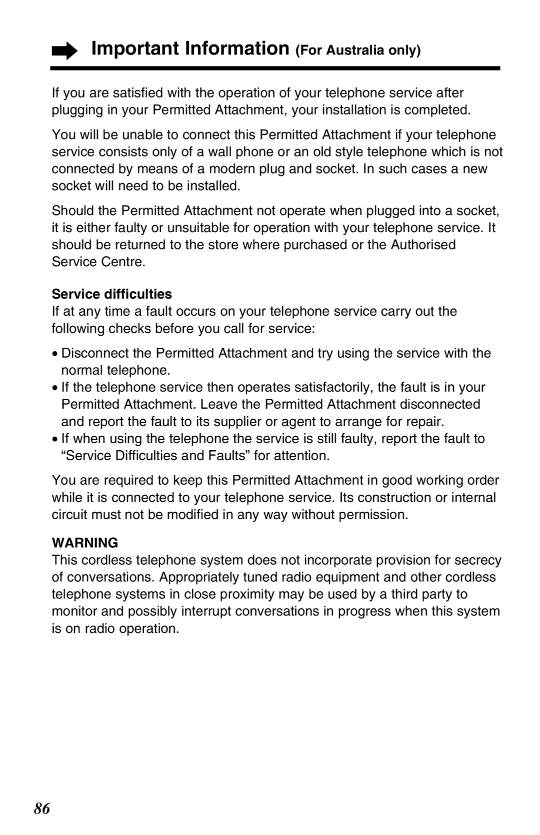 Panasonic KX-TG2583ALB, KX-TG2583ALS, KX-TG2583NZS Important Information For Australia only, Service difficulties 