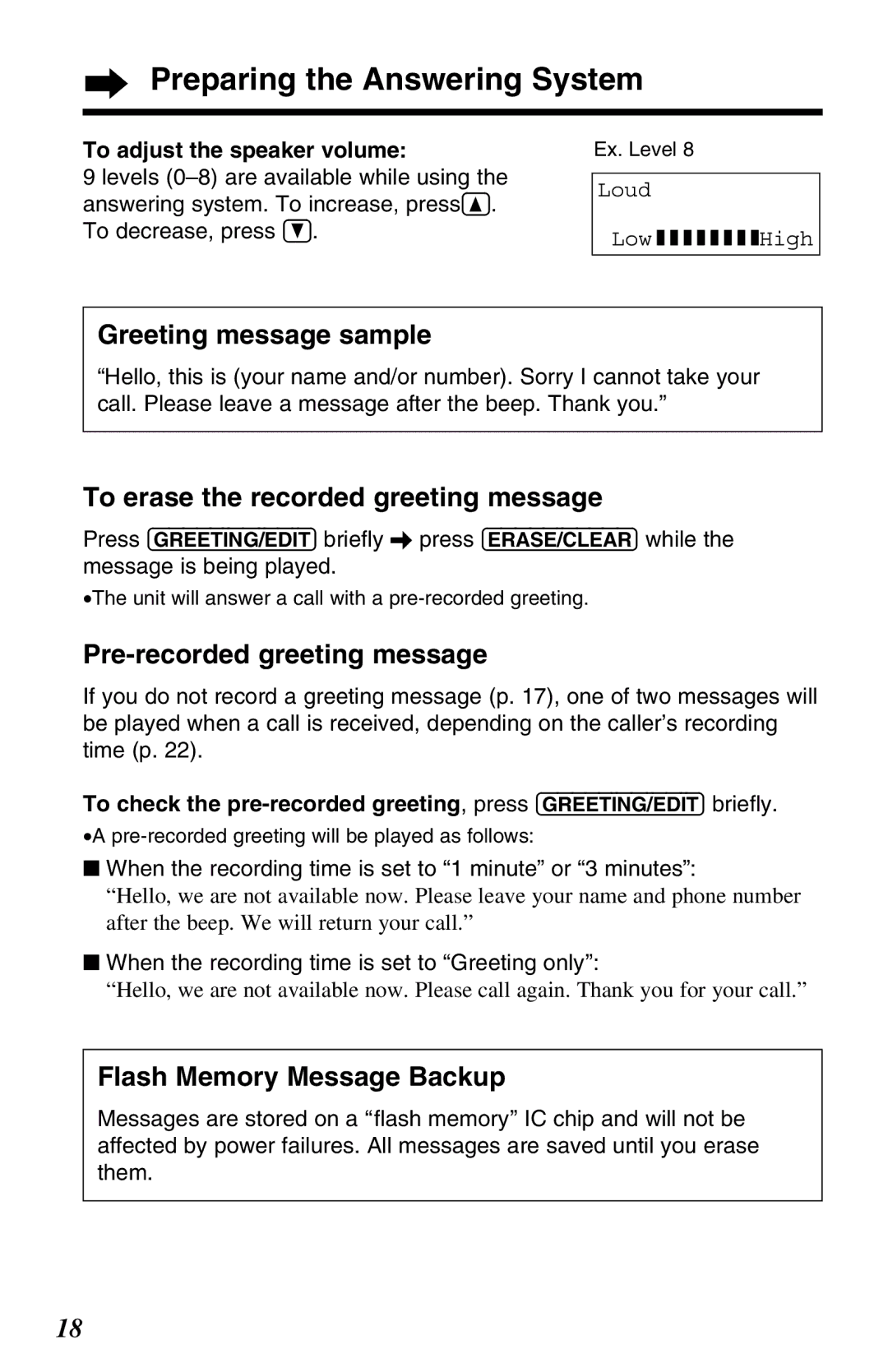 Panasonic KX-TG2583NZS Preparing the Answering System, Greeting message sample, To erase the recorded greeting message 