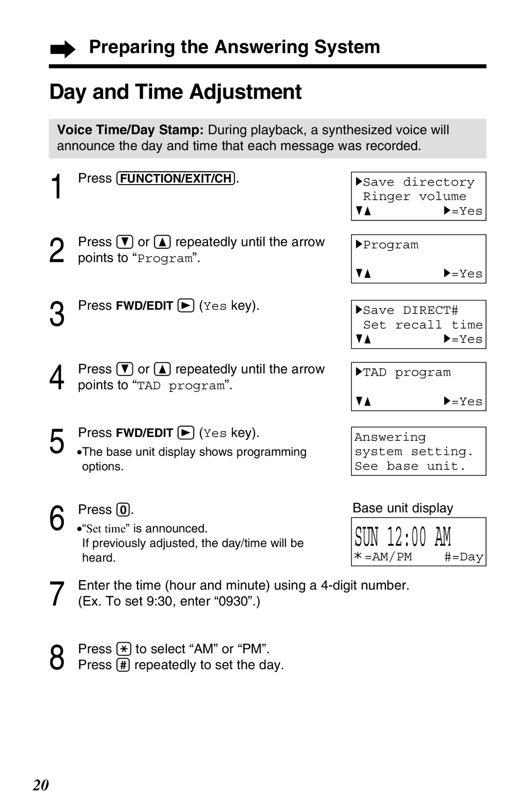 Panasonic KX-TG2583NZS, KX-TG2583ALS Day and Time Adjustment, Points to TAD program, Press Base unit display 