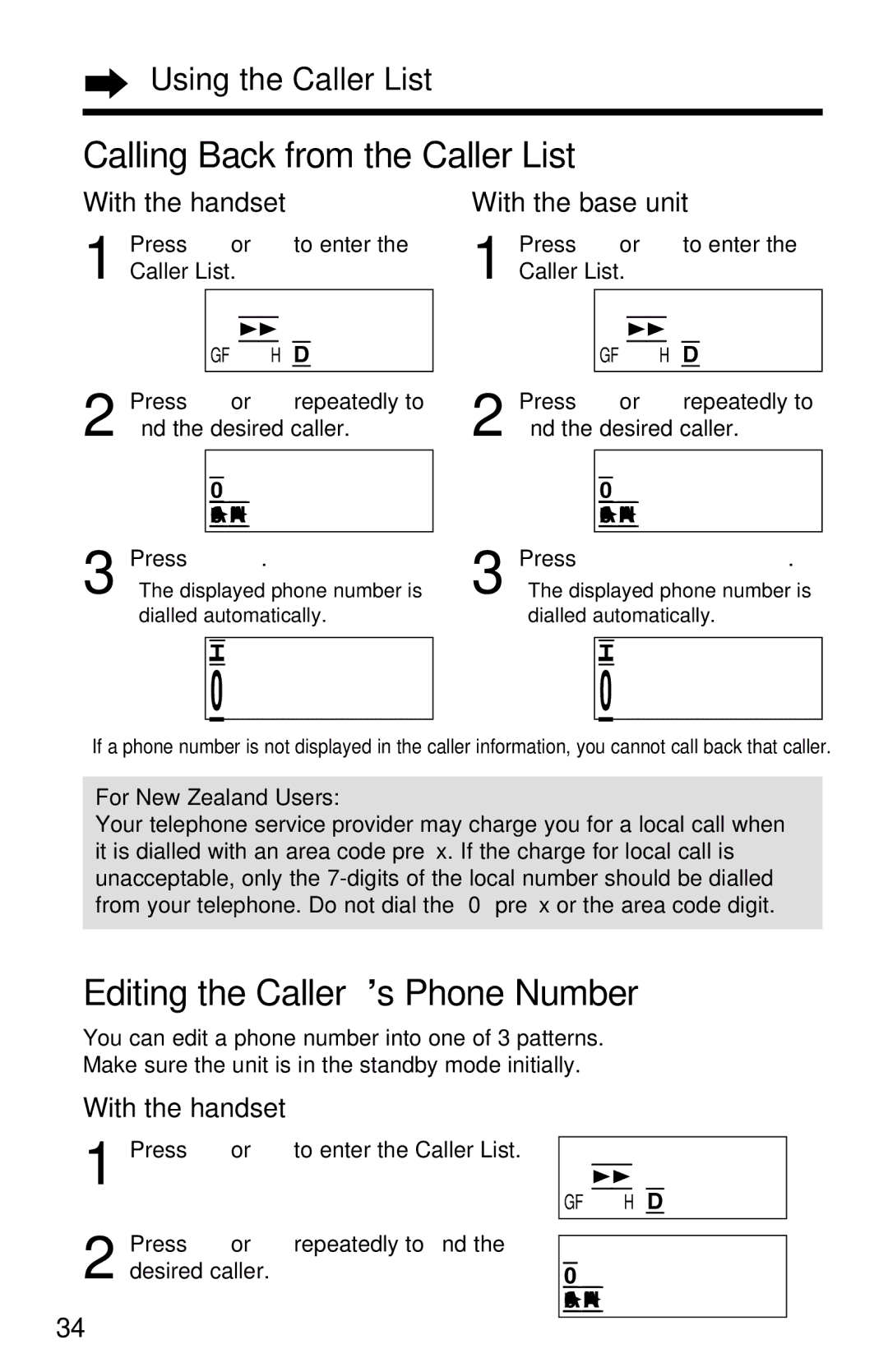 Panasonic KX-TG2583NZS Calling Back from the Caller List, Editing the Caller’s Phone Number, Using the Caller List 