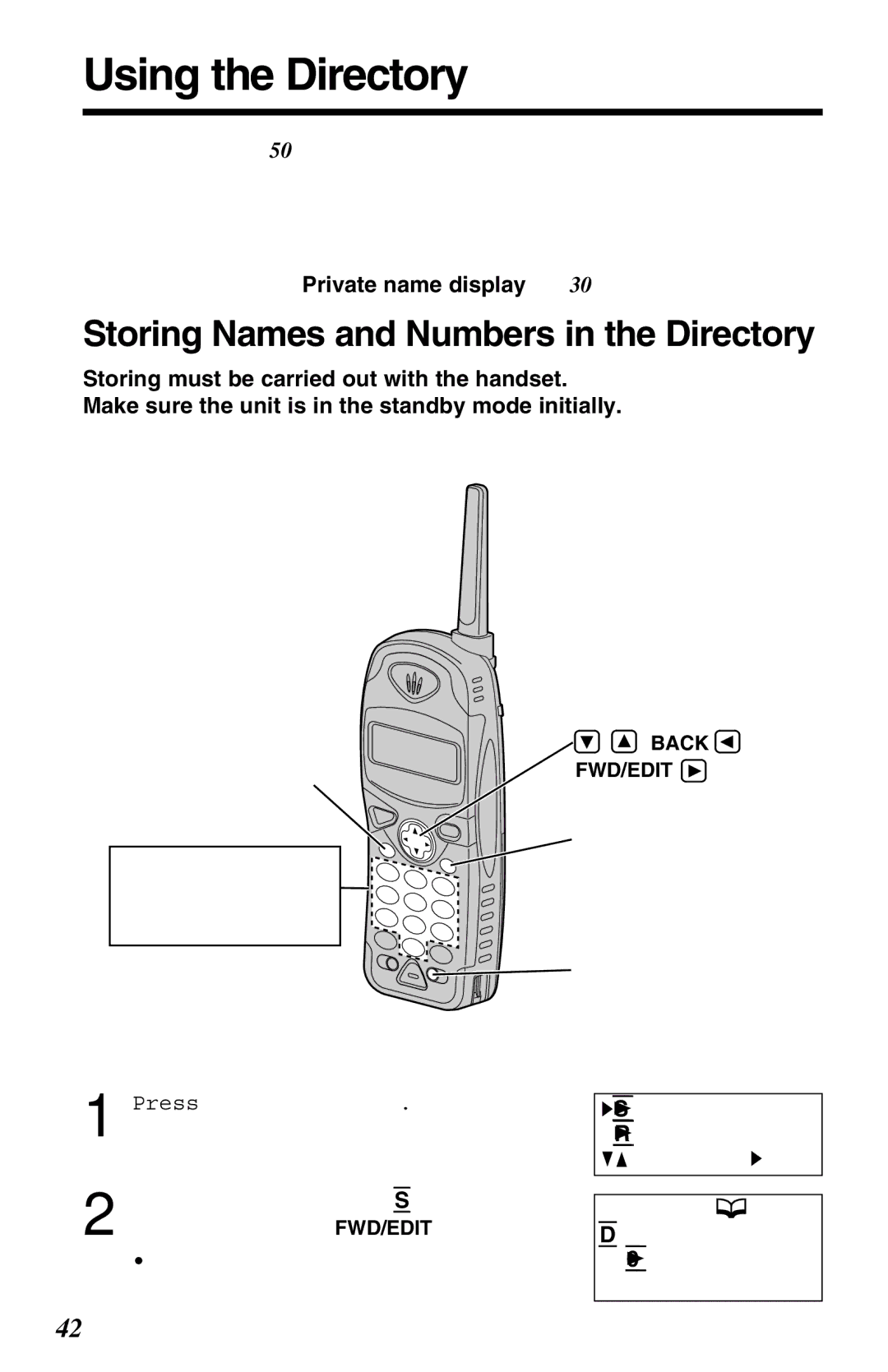 Panasonic KX-TG2583NZS, KX-TG2583ALS Using the Directory, Storing Names and Numbers in the Directory, Directory= 20 items 