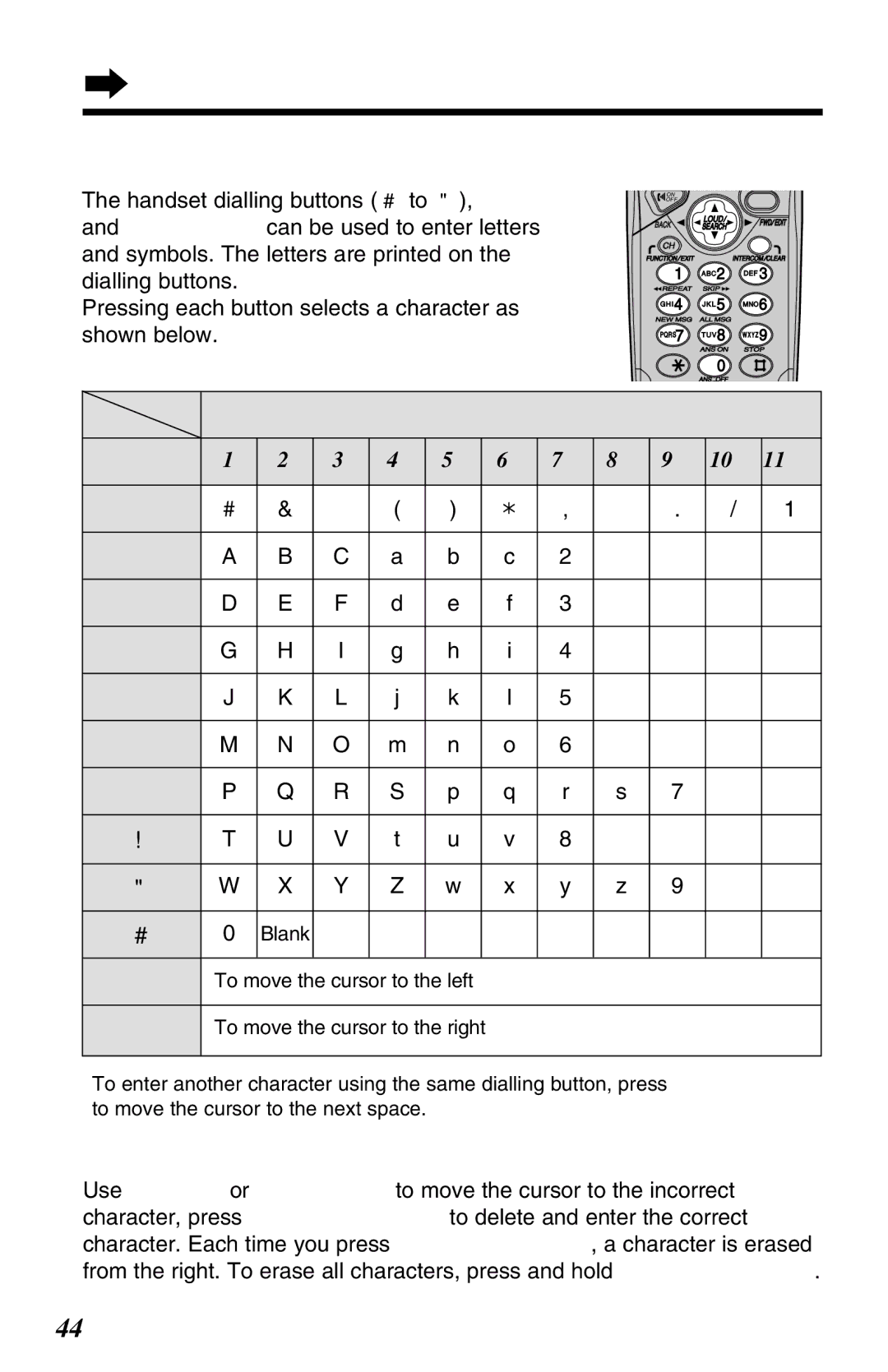 Panasonic KX-TG2583NZS Selecting Characters to Enter Names, Using the Directory, Keys, Number of times key is pressed 