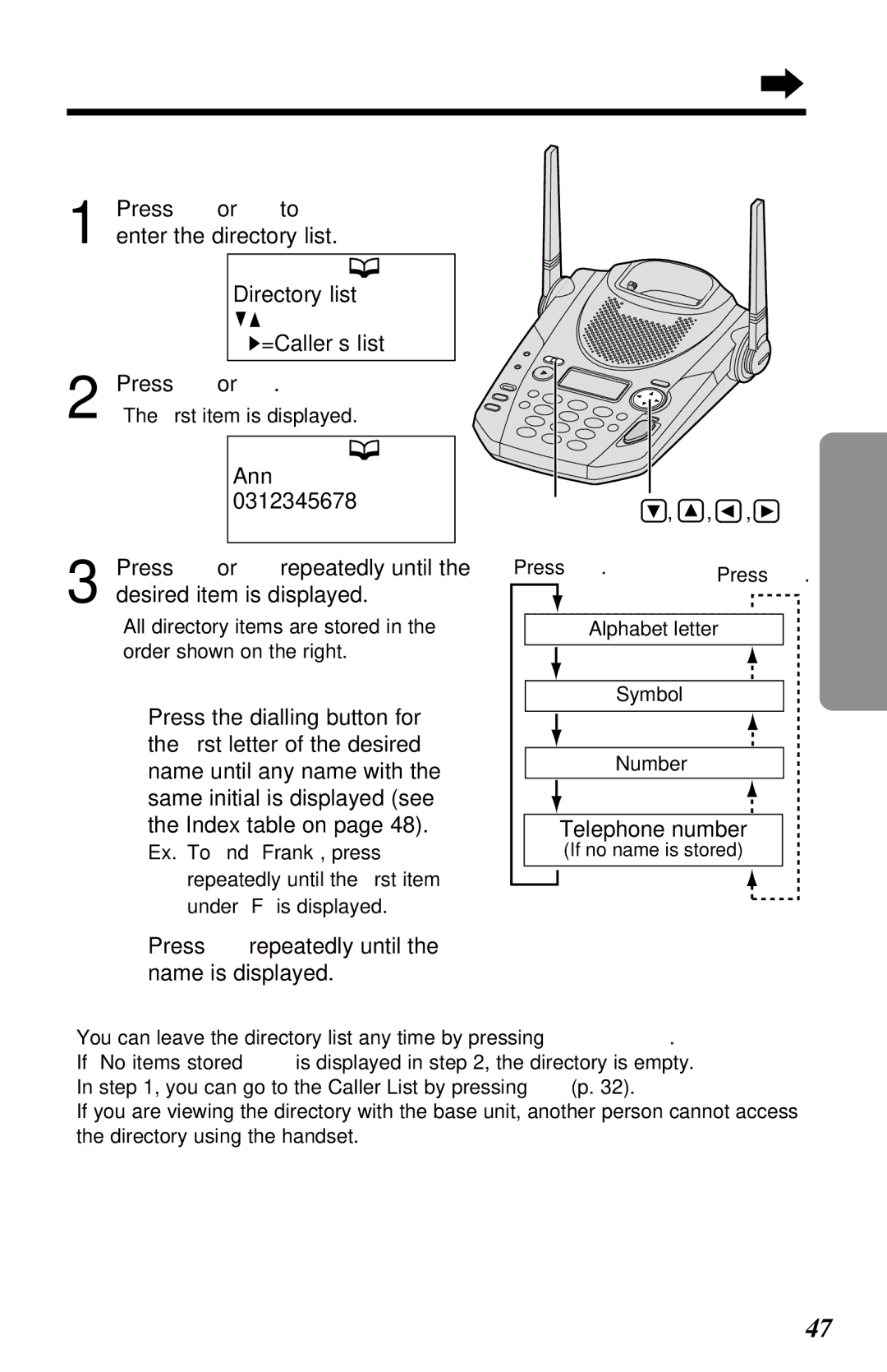 Panasonic KX-TG2583ALS, KX-TG2583NZS Press Ç or É to Enter the directory list, Desired item is displayed 