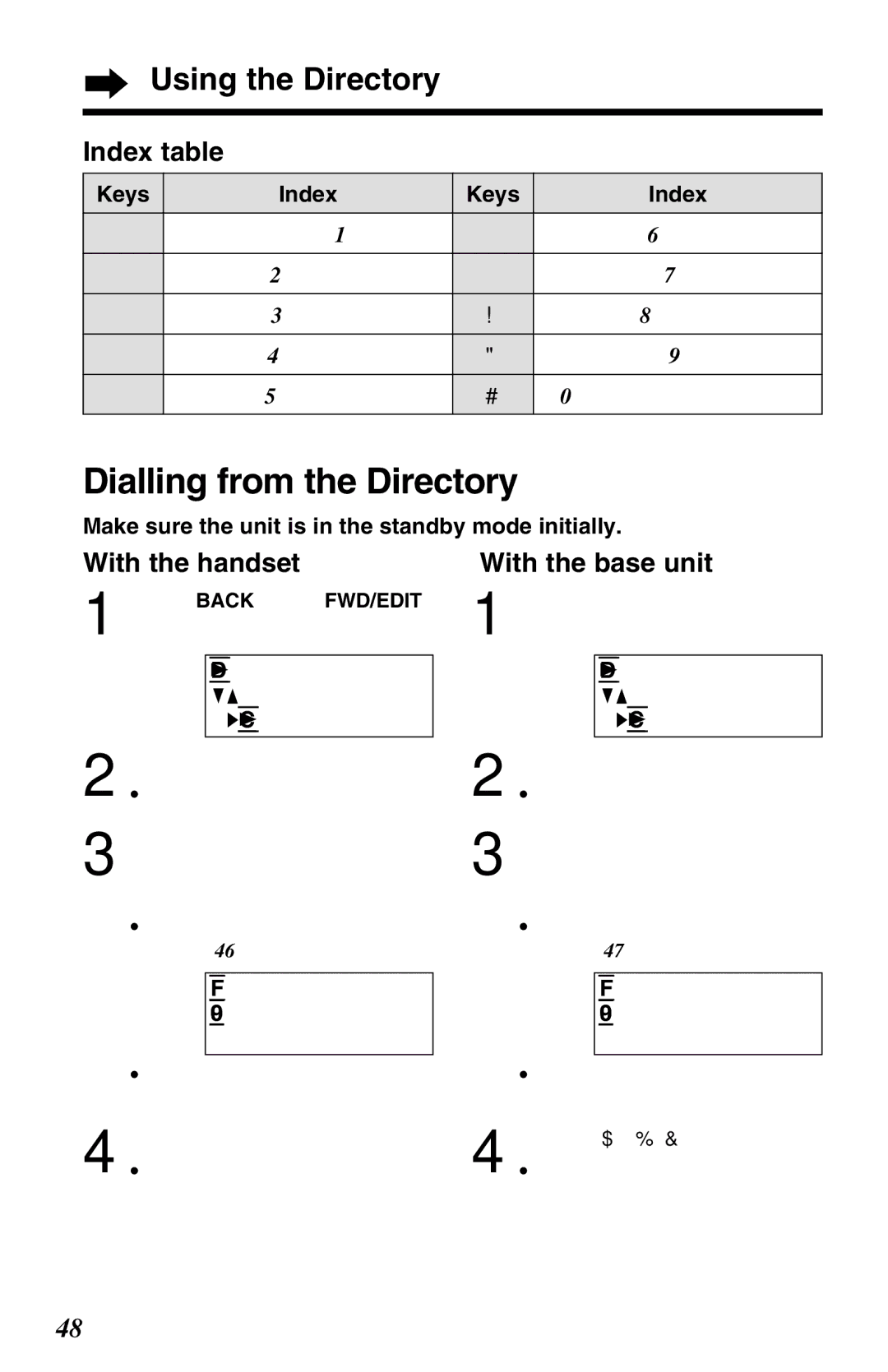 Panasonic KX-TG2583NZS, KX-TG2583ALS operating instructions Dialling from the Directory, Index table, Keys Index 