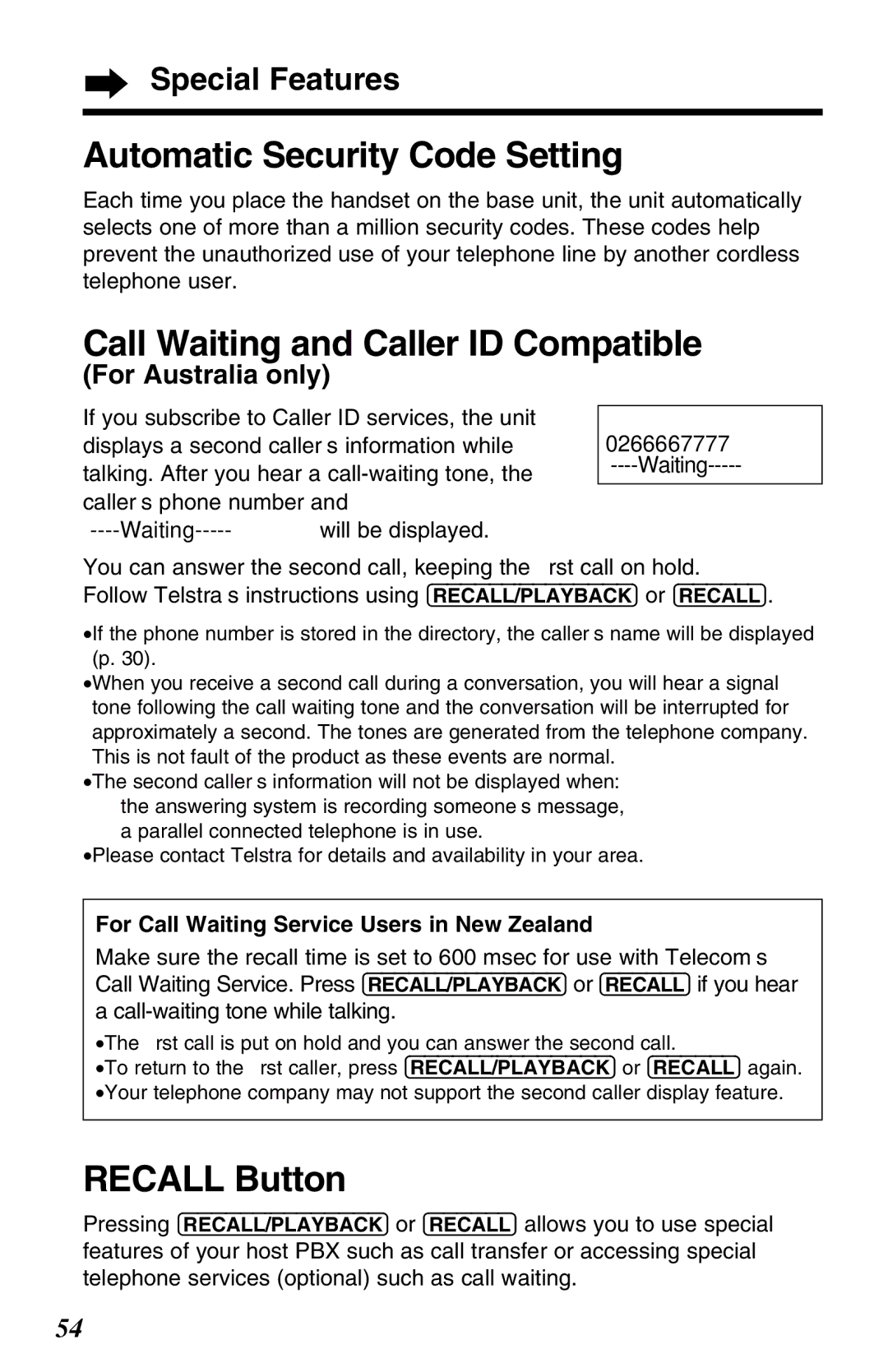 Panasonic KX-TG2583NZS, KX-TG2583ALS Automatic Security Code Setting, Call Waiting and Caller ID Compatible, Recall Button 