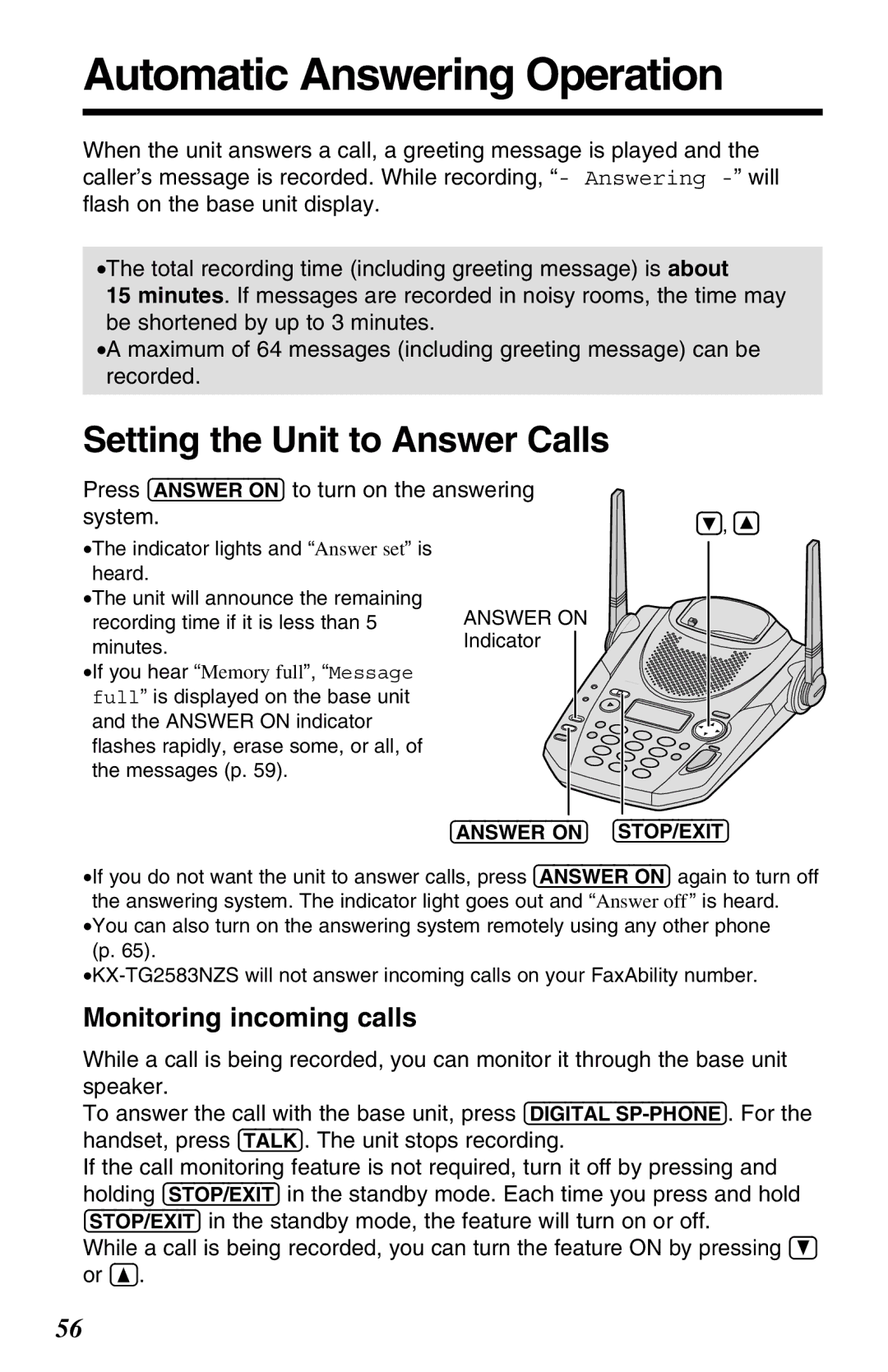 Panasonic KX-TG2583NZS Automatic Answering Operation, Setting the Unit to Answer Calls, Monitoring incoming calls, System 