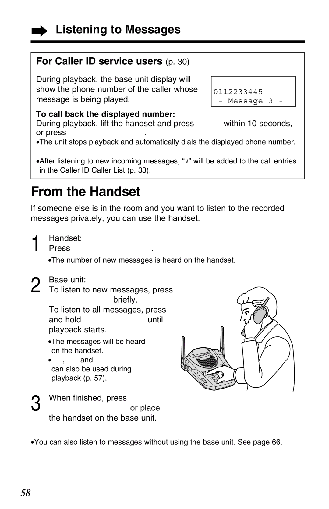 Panasonic KX-TG2583NZS, KX-TG2583ALS From the Handset, Listening to Messages, To call back the displayed number 