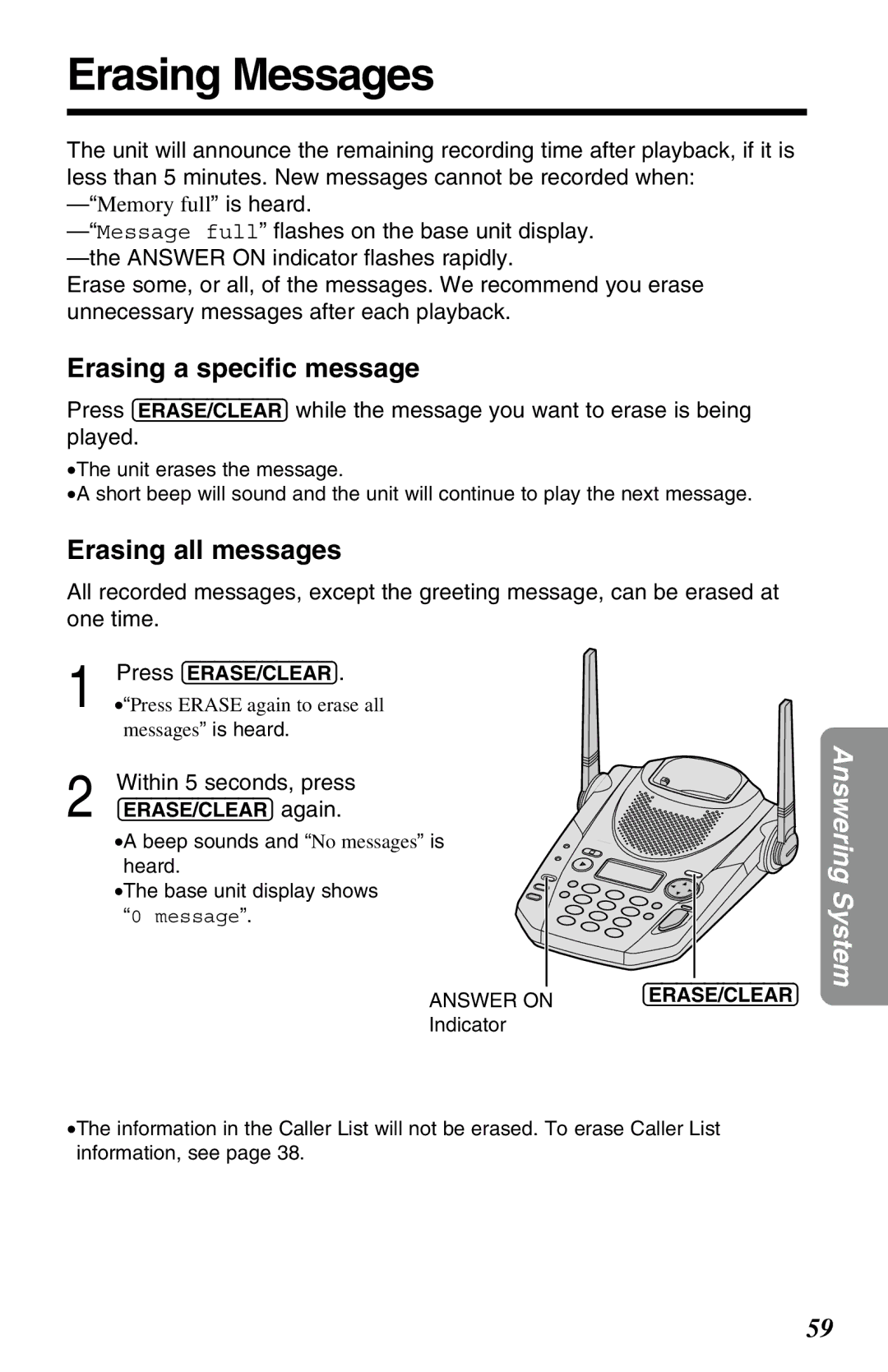 Panasonic KX-TG2583ALS Erasing Messages, Erasing a speciﬁc message, Erasing all messages, Within 5 seconds, press 