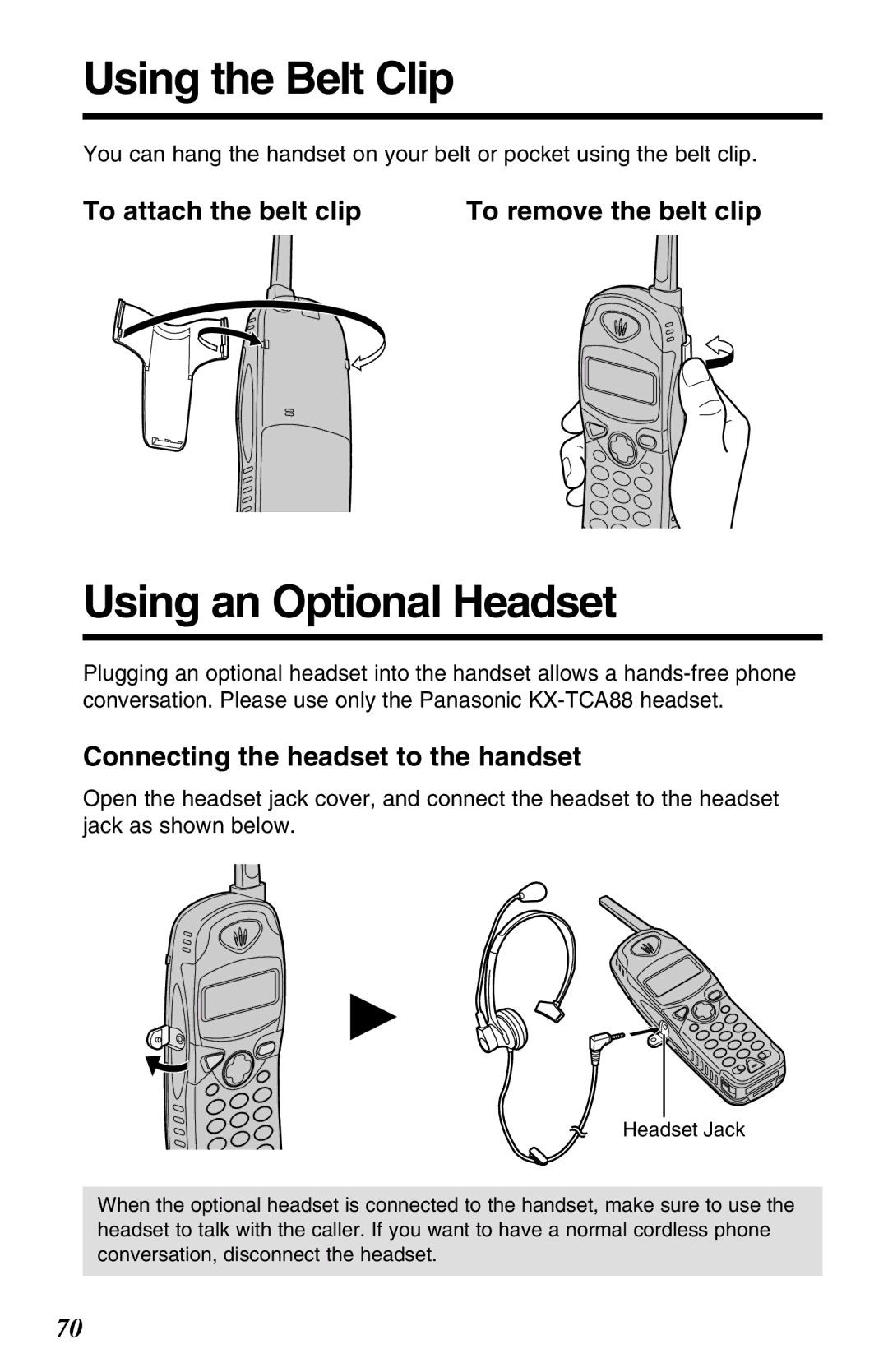 Panasonic KX-TG2583NZS Using the Belt Clip, Using an Optional Headset, To attach the belt clip To remove the belt clip 