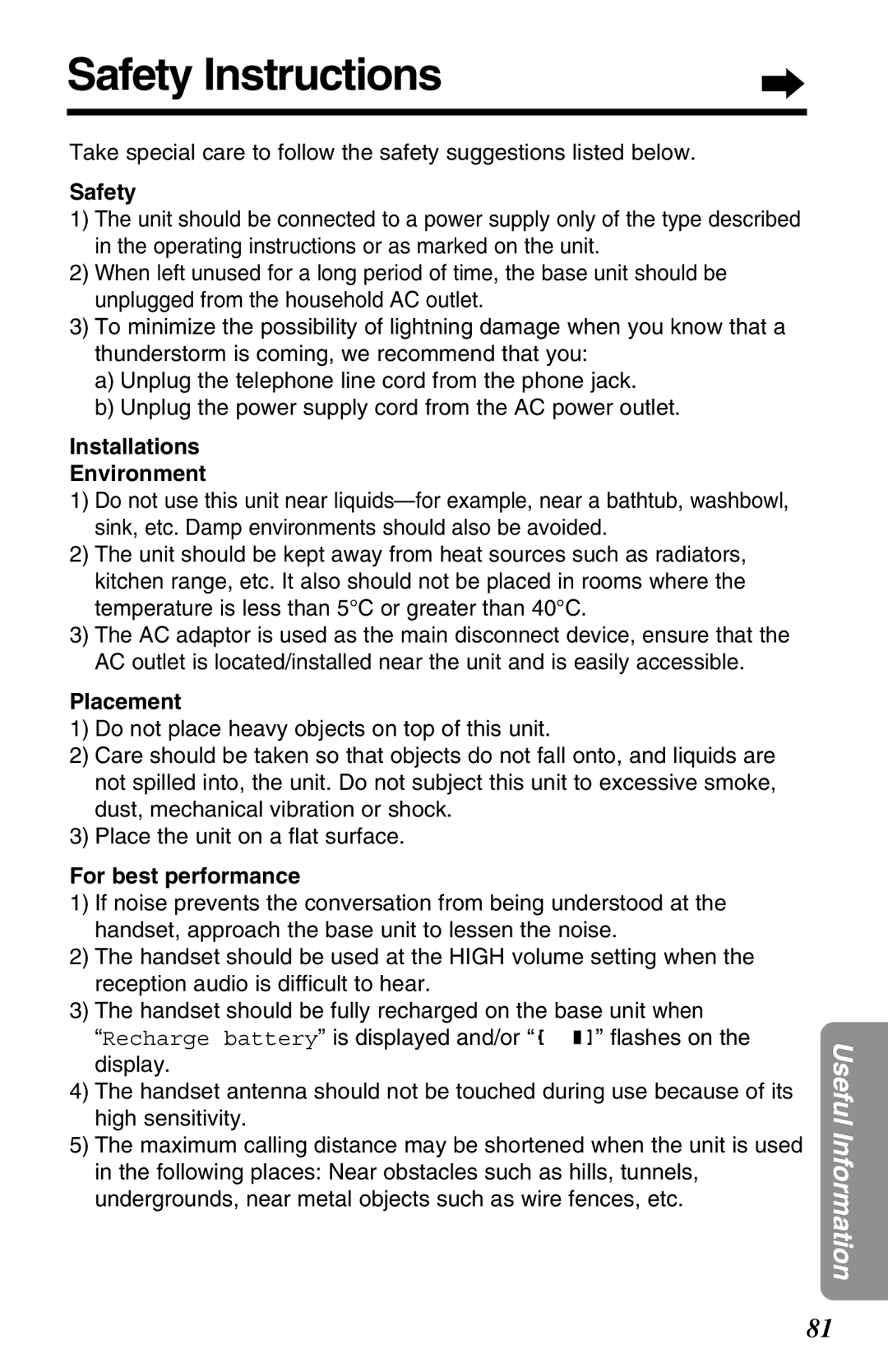 Panasonic KX-TG2583ALS, KX-TG2583NZS Safety Instructions, Installations Environment, Placement, For best performance 