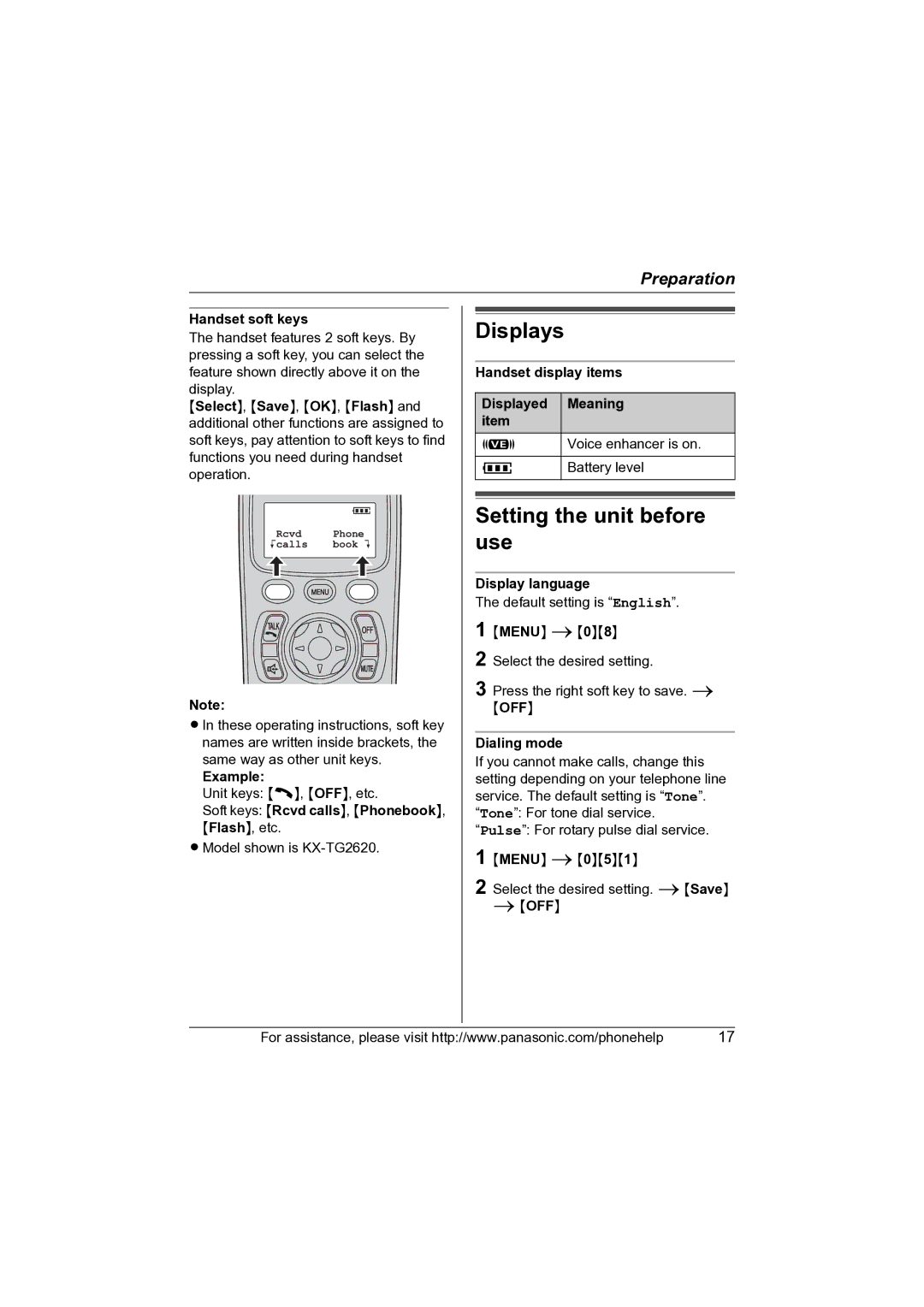 Panasonic KX-TG2620, KX-TG2622, KX-TG2621 operating instructions Displays, Setting the unit before use 