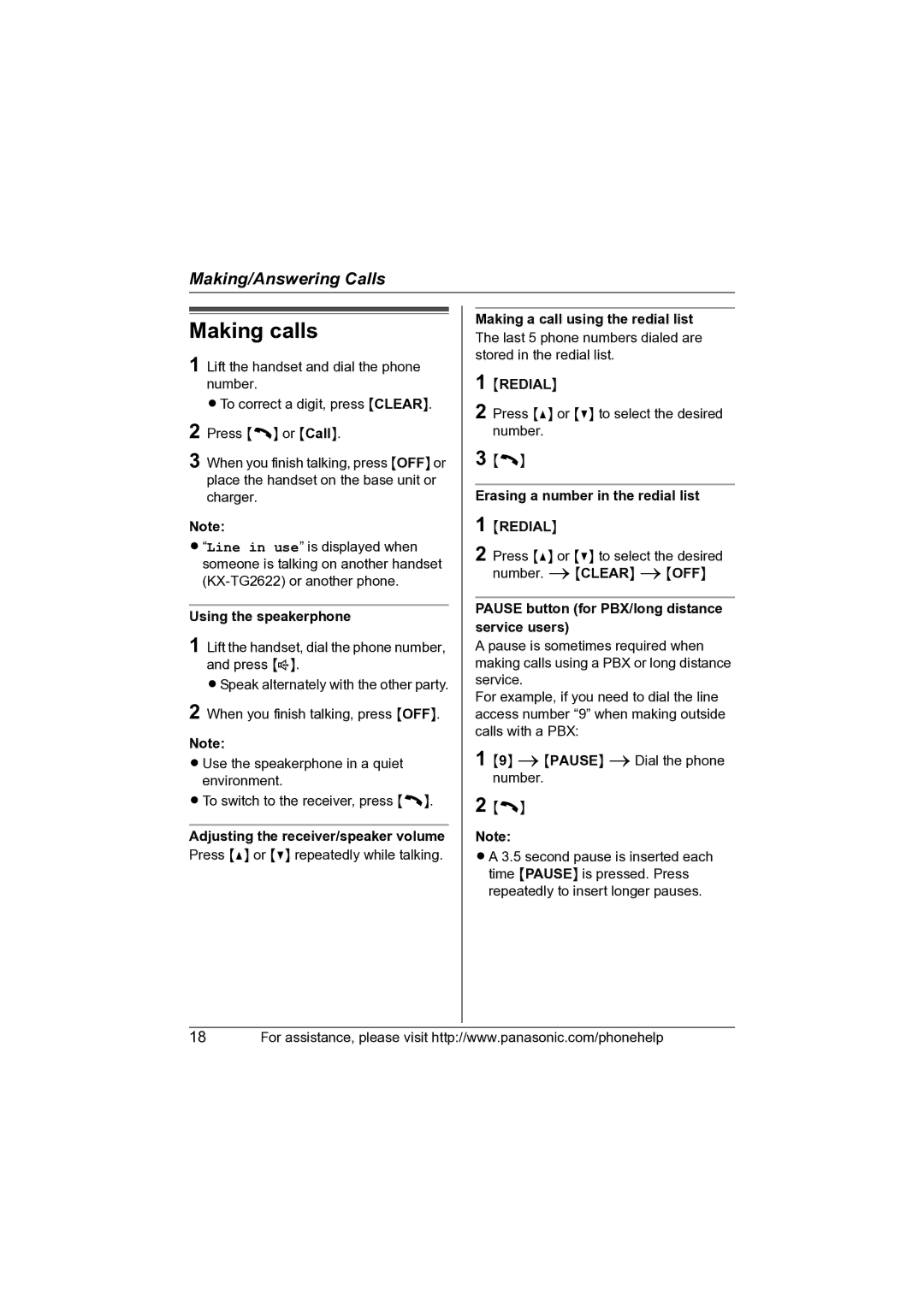 Panasonic KX-TG2622, KX-TG2621, KX-TG2620 operating instructions Making calls 