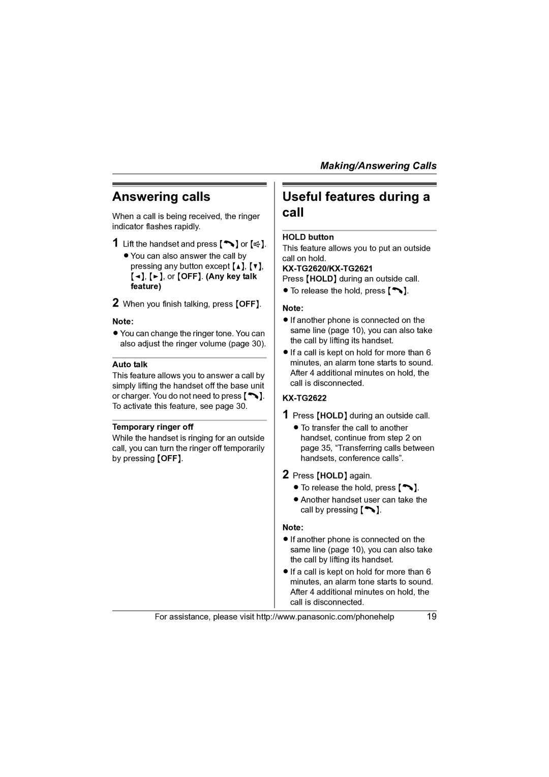 Panasonic KX-TG2621, KX-TG2622, KX-TG2620 operating instructions Answering calls, Useful features during a call 