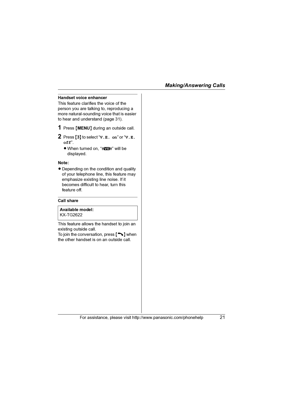 Panasonic KX-TG2622, KX-TG2621, KX-TG2620 operating instructions Handset voice enhancer, Call share Available model 