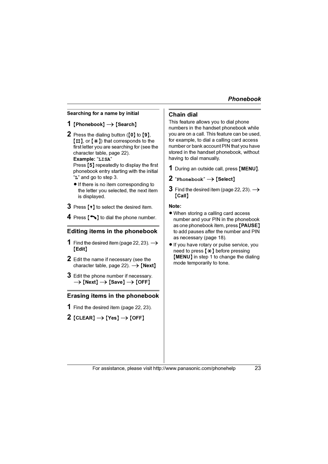 Panasonic KX-TG2620, KX-TG2622, KX-TG2621 Editing items in the phonebook, Erasing items in the phonebook, Chain dial 