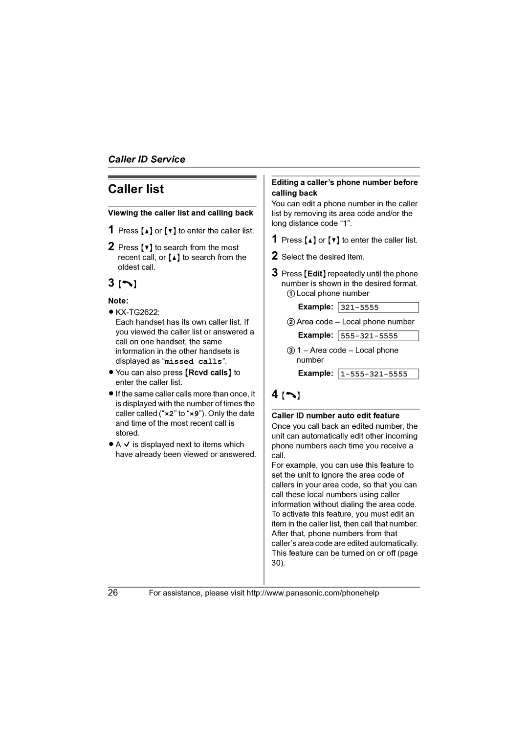 Panasonic KX-TG2620, KX-TG2622 Caller list, Viewing the caller list and calling back, Caller ID number auto edit feature 