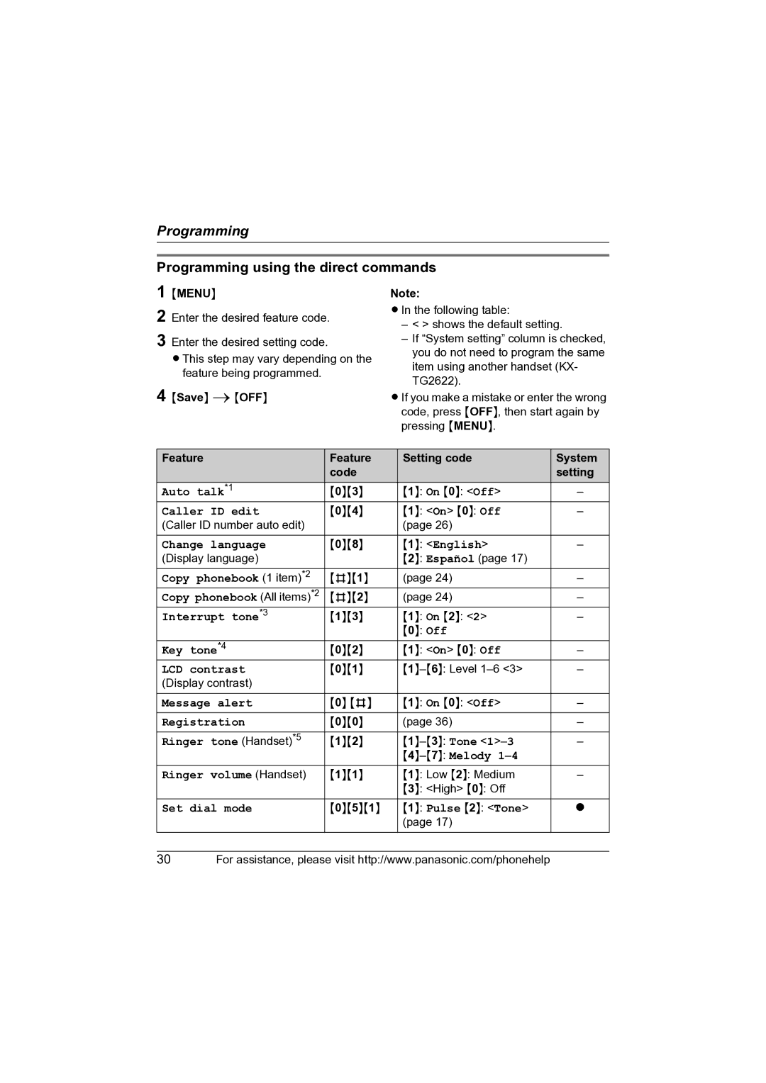 Panasonic KX-TG2622, KX-TG2621, KX-TG2620 Programming using the direct commands, Menu, Feature Setting code System Code 