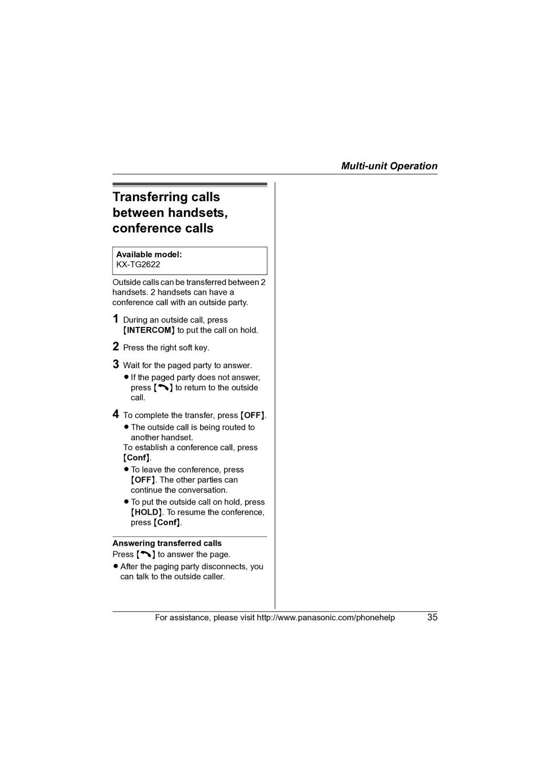 Panasonic KX-TG2620, KX-TG2622 Transferring calls between handsets, conference calls, Answering transferred calls 