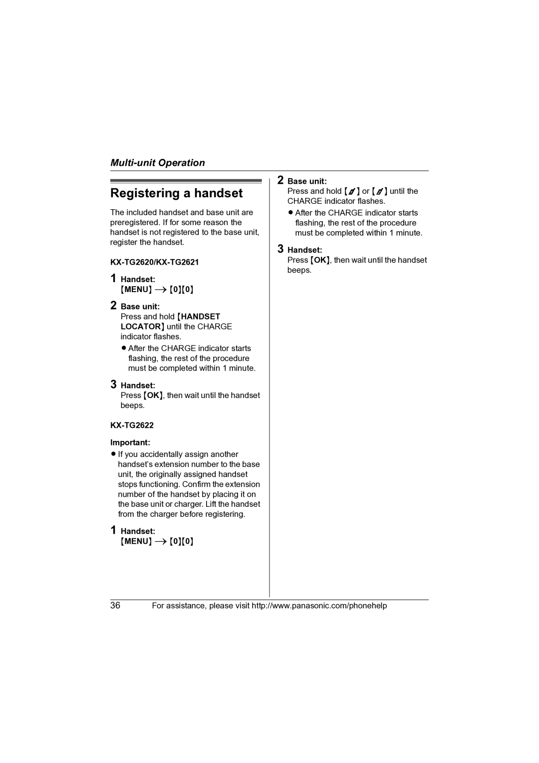 Panasonic KX-TG2622 operating instructions Registering a handset, KX-TG2620/KX-TG2621 Handset 