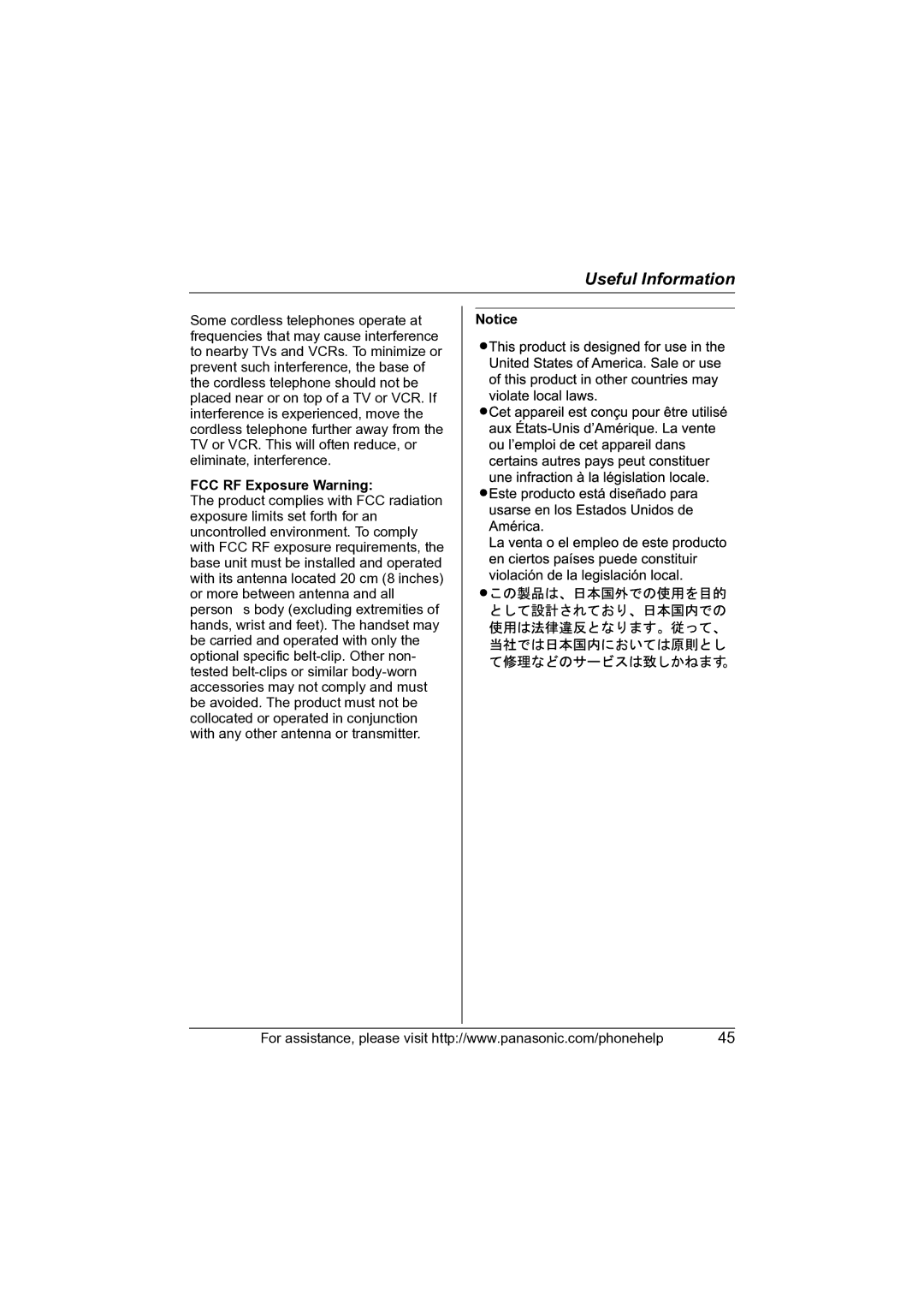 Panasonic KX-TG2622, KX-TG2621, KX-TG2620 operating instructions FCC RF Exposure Warning 