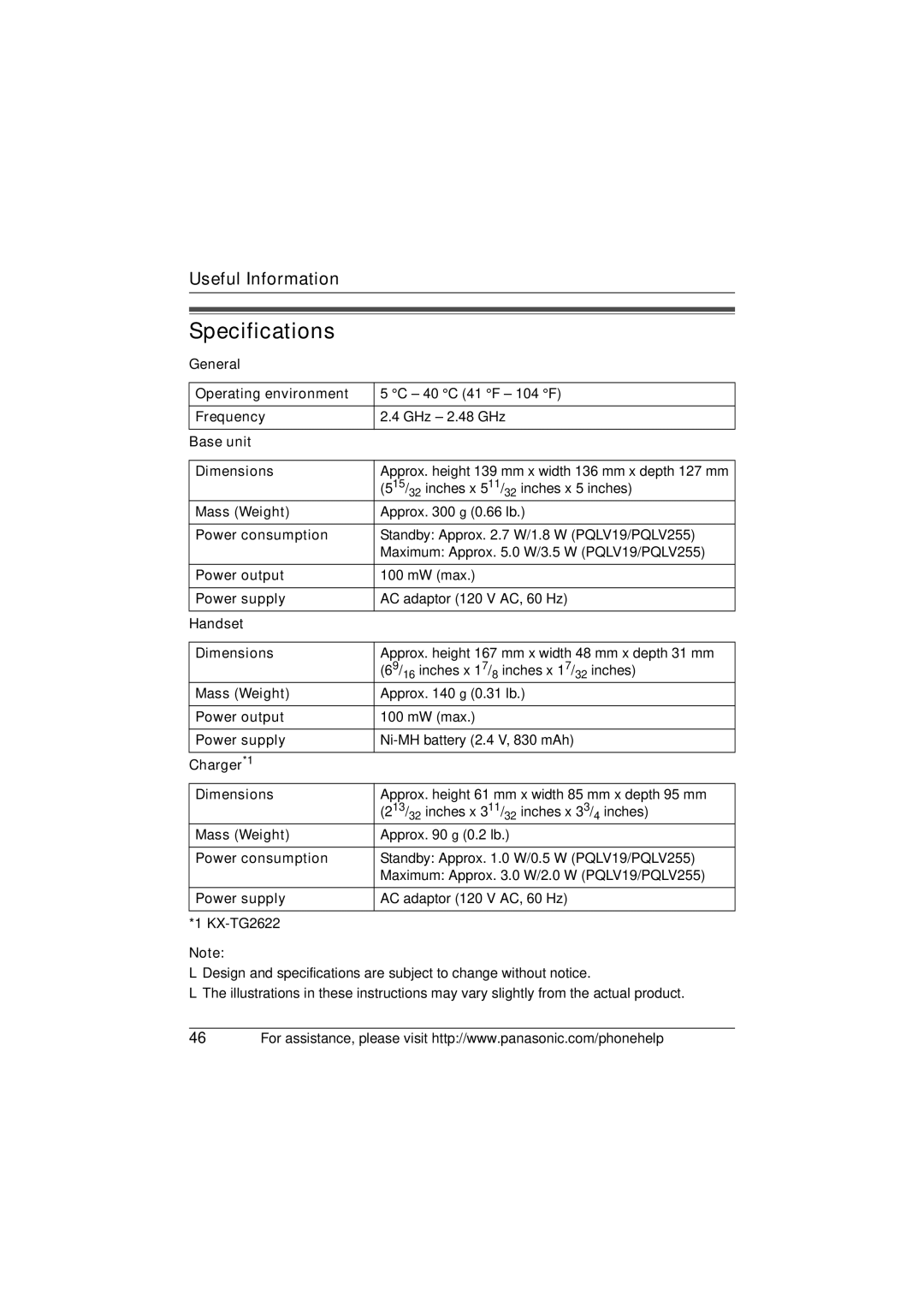 Panasonic KX-TG2621, KX-TG2622, KX-TG2620 operating instructions Specifications 