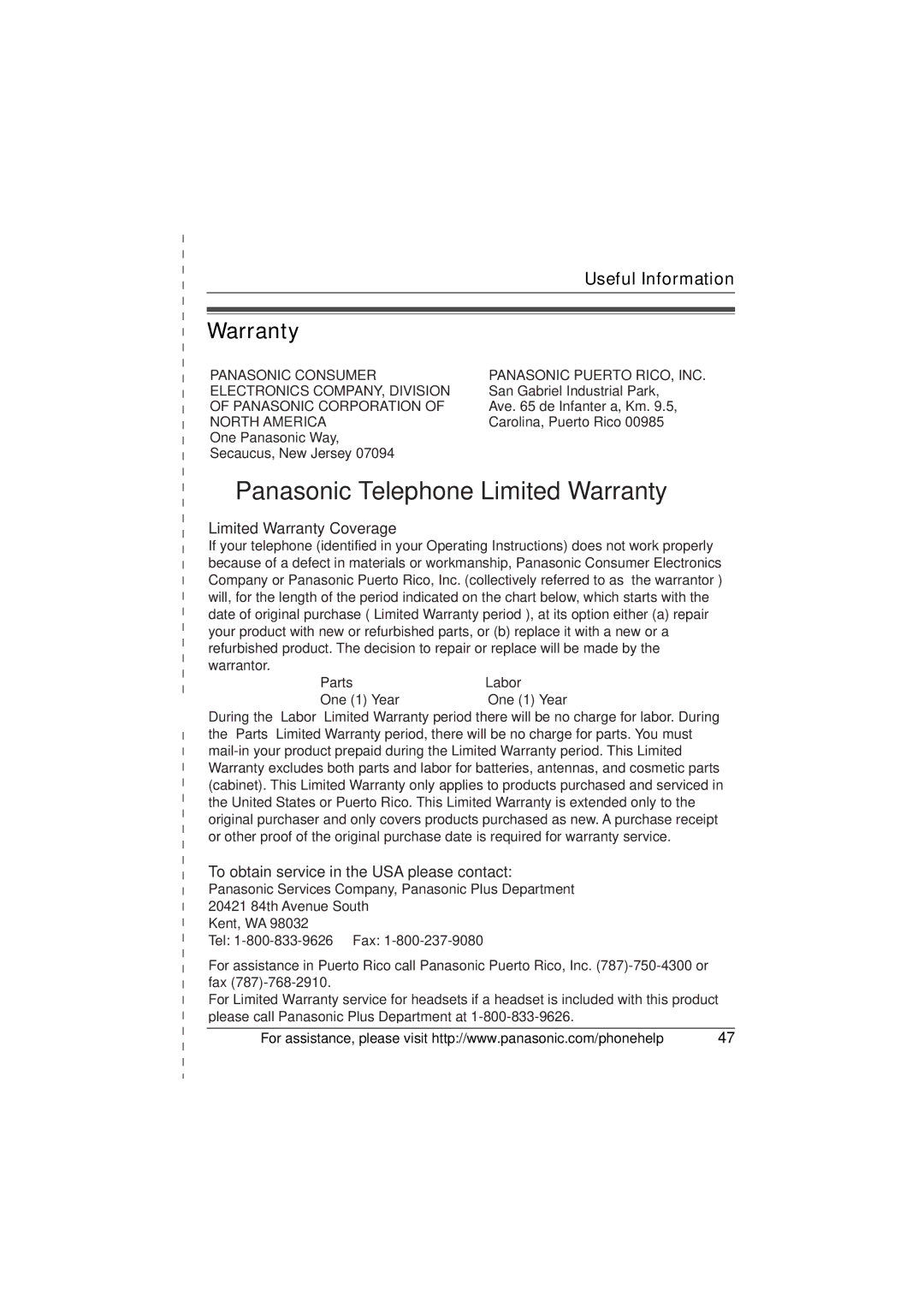 Panasonic KX-TG2620, KX-TG2622, KX-TG2621 operating instructions Warranty 