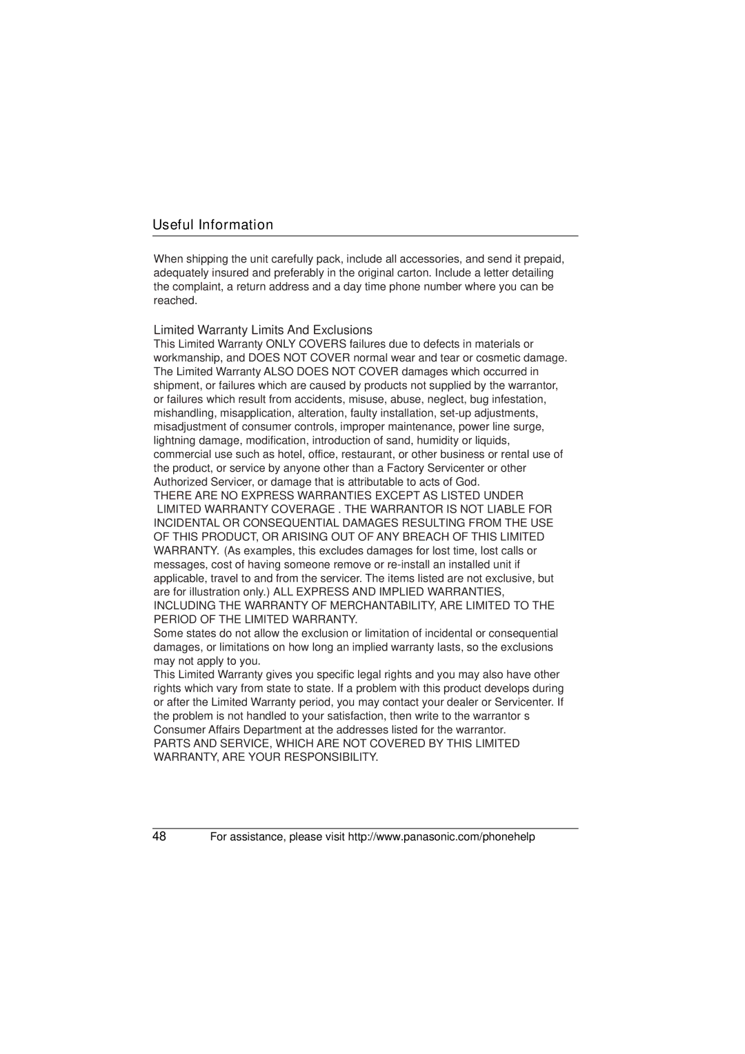 Panasonic KX-TG2622, KX-TG2621, KX-TG2620 operating instructions Limited Warranty Limits And Exclusions 