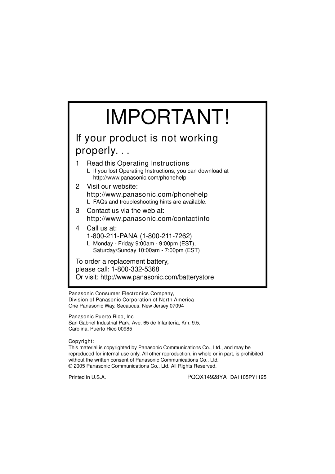 Panasonic KX-TG2621, KX-TG2622, KX-TG2620 operating instructions Panasonic Puerto Rico, Inc, Copyright 