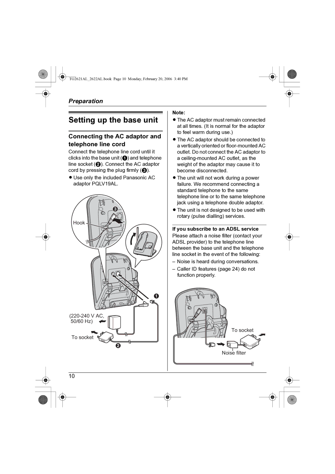 Panasonic KX-TG2622AL, KX-TG2621AL Setting up the base unit, Connecting the AC adaptor and telephone line cord 