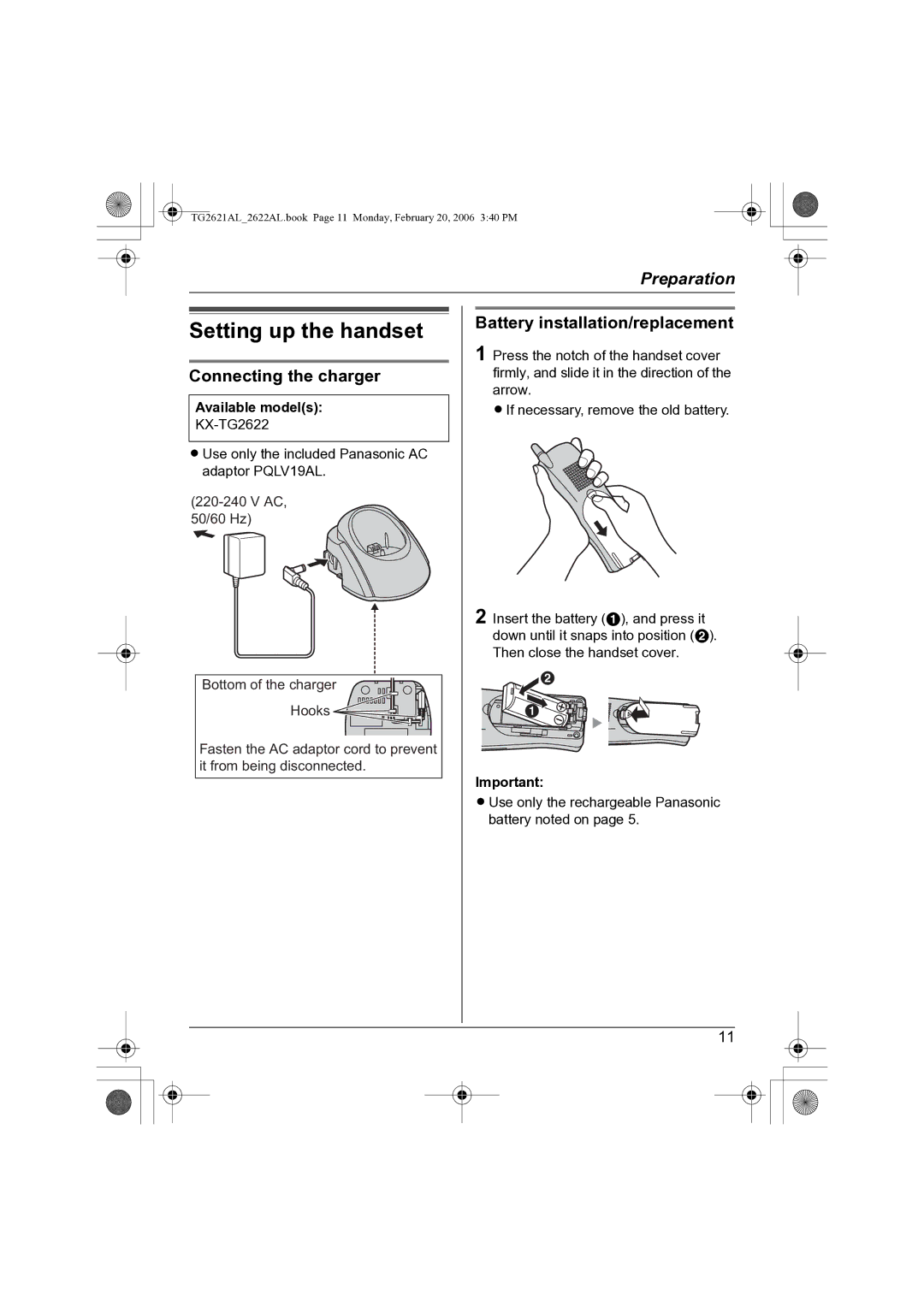 Panasonic KX-TG2621AL Setting up the handset, Connecting the charger, Battery installation/replacement, Available models 