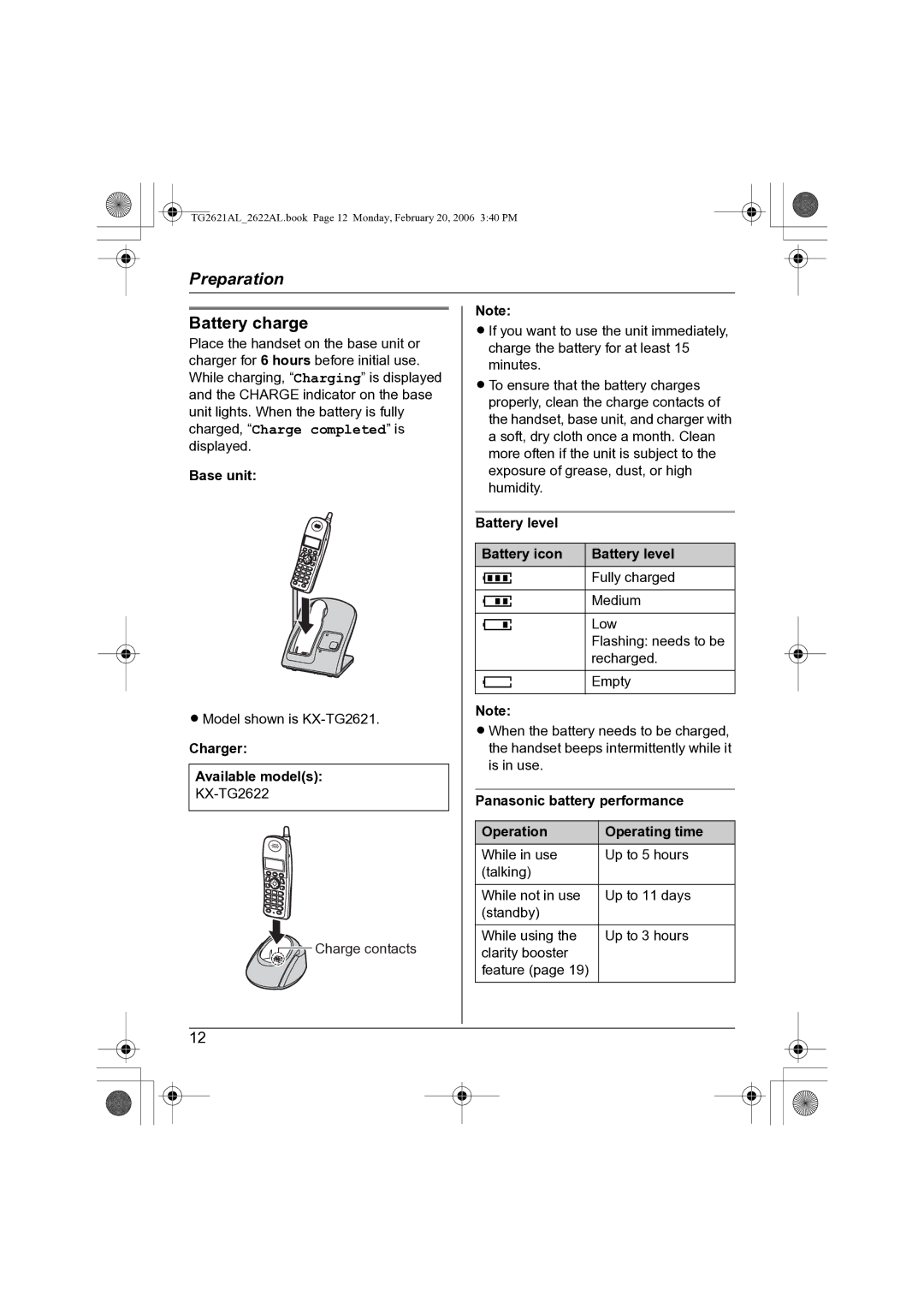 Panasonic KX-TG2622AL, KX-TG2621AL Battery charge, Base unit, Charger Available models, Battery level Battery icon 