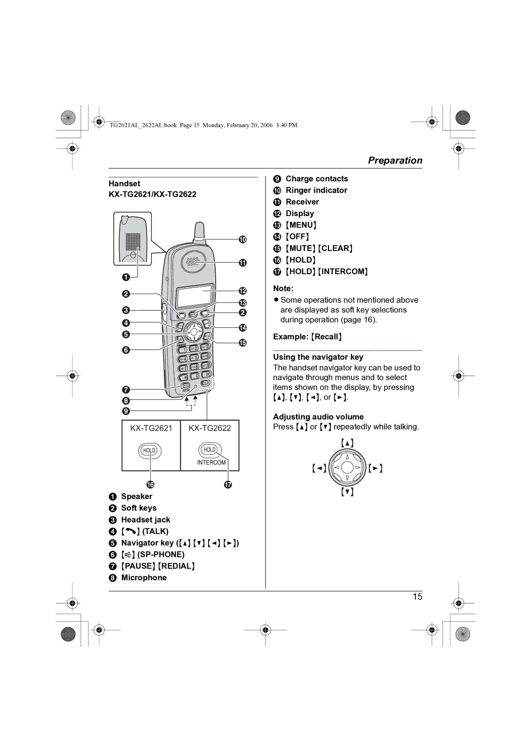 Panasonic KX-TG2621AL Handset KX-TG2621/KX-TG2622, KX-TG2621 KX-TG2622, Example Recall Using the navigator key 