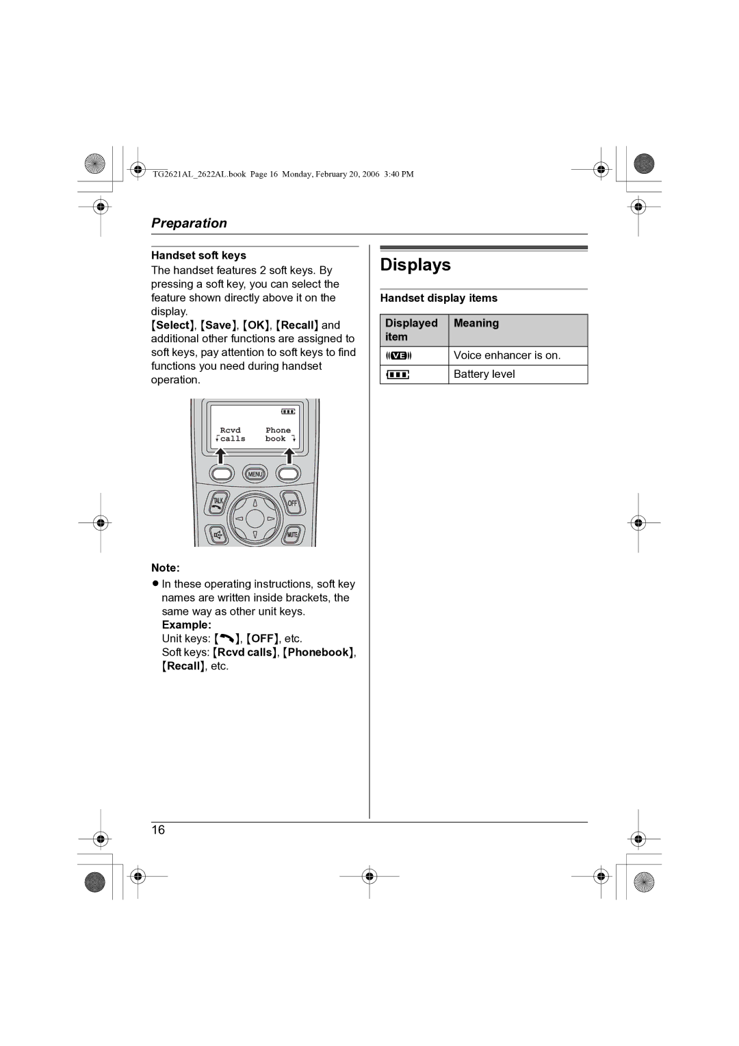 Panasonic KX-TG2622AL, KX-TG2621AL Displays, Handset soft keys, Handset display items Displayed Meaning item 