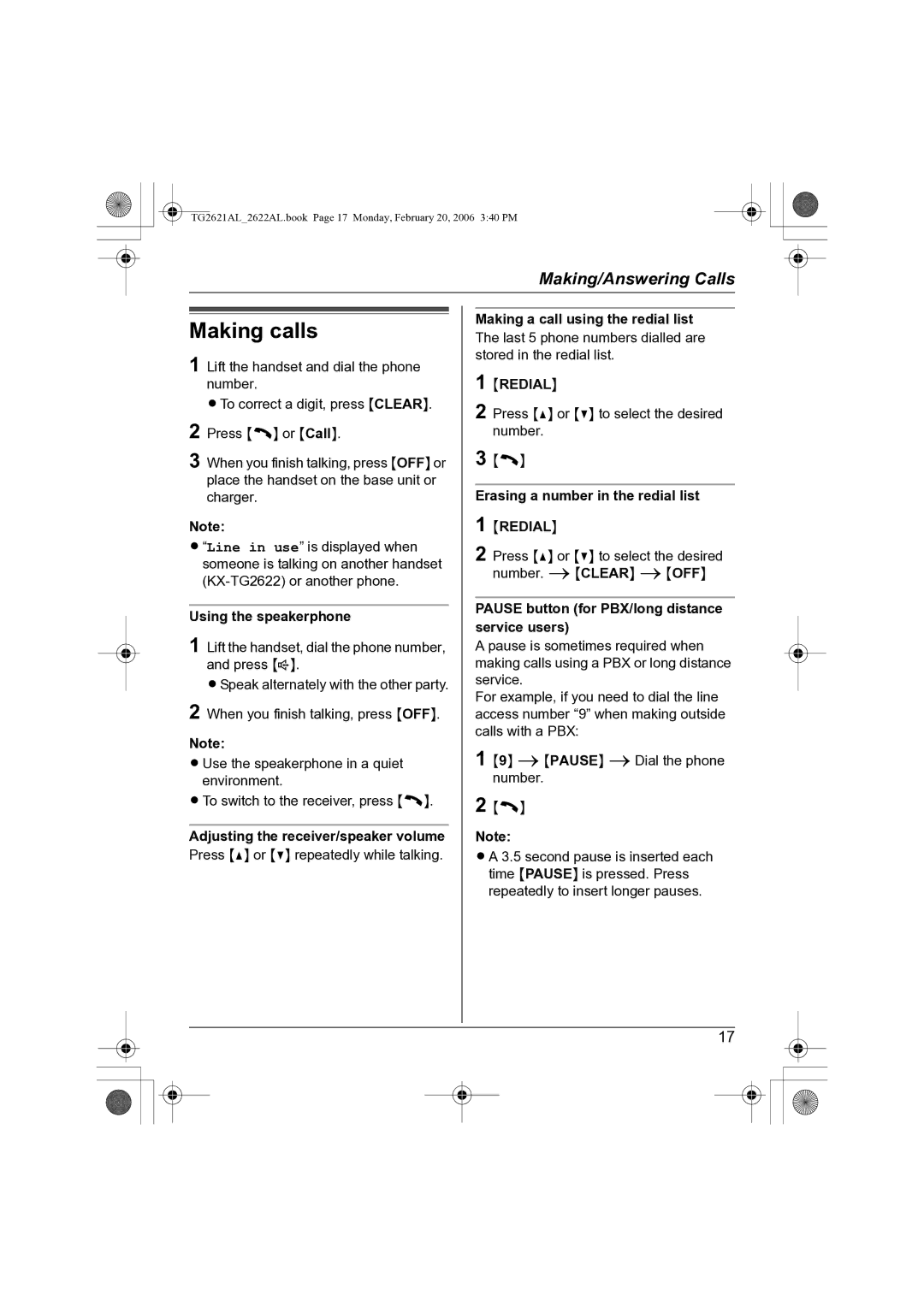 Panasonic KX-TG2621AL, KX-TG2622AL operating instructions Making calls 