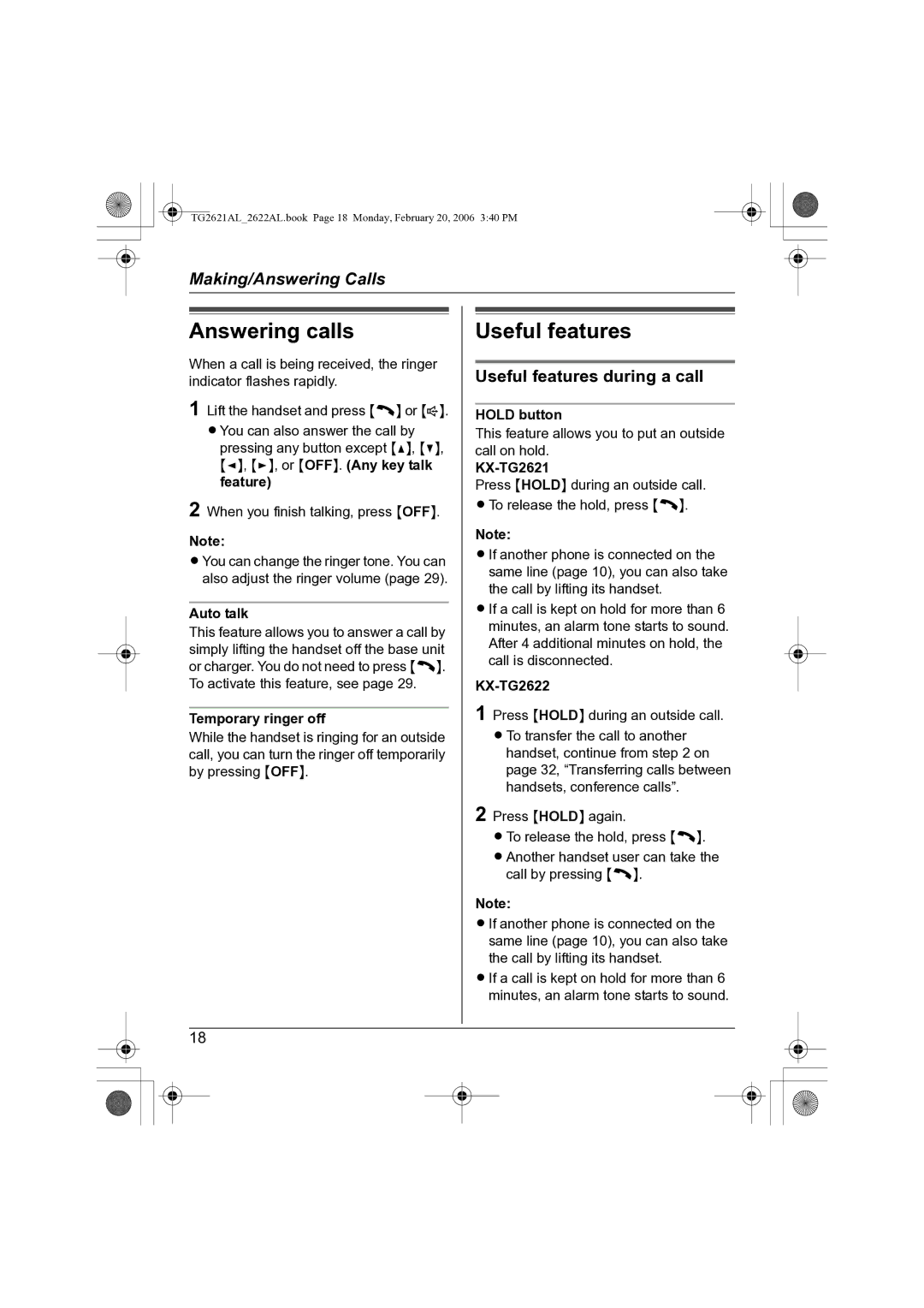 Panasonic KX-TG2622AL, KX-TG2621AL operating instructions Answering calls, Useful features during a call 