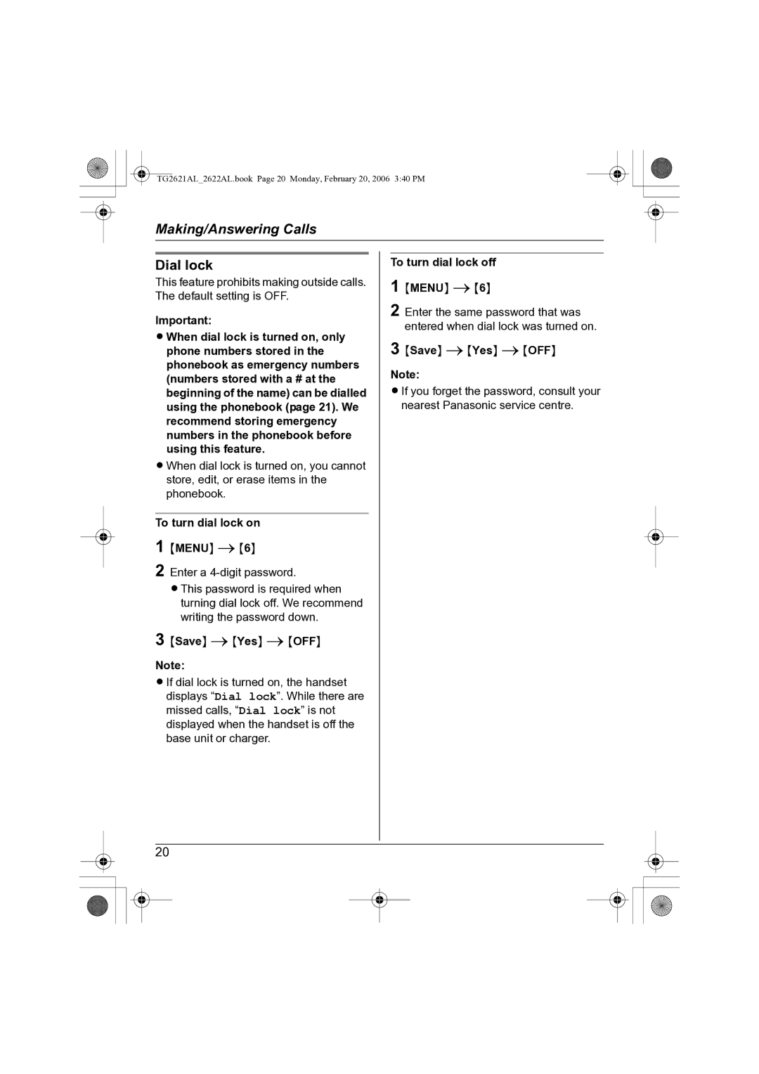 Panasonic KX-TG2622AL, KX-TG2621AL Dial lock, To turn dial lock on, Menu Enter a 4-digit password, To turn dial lock off 