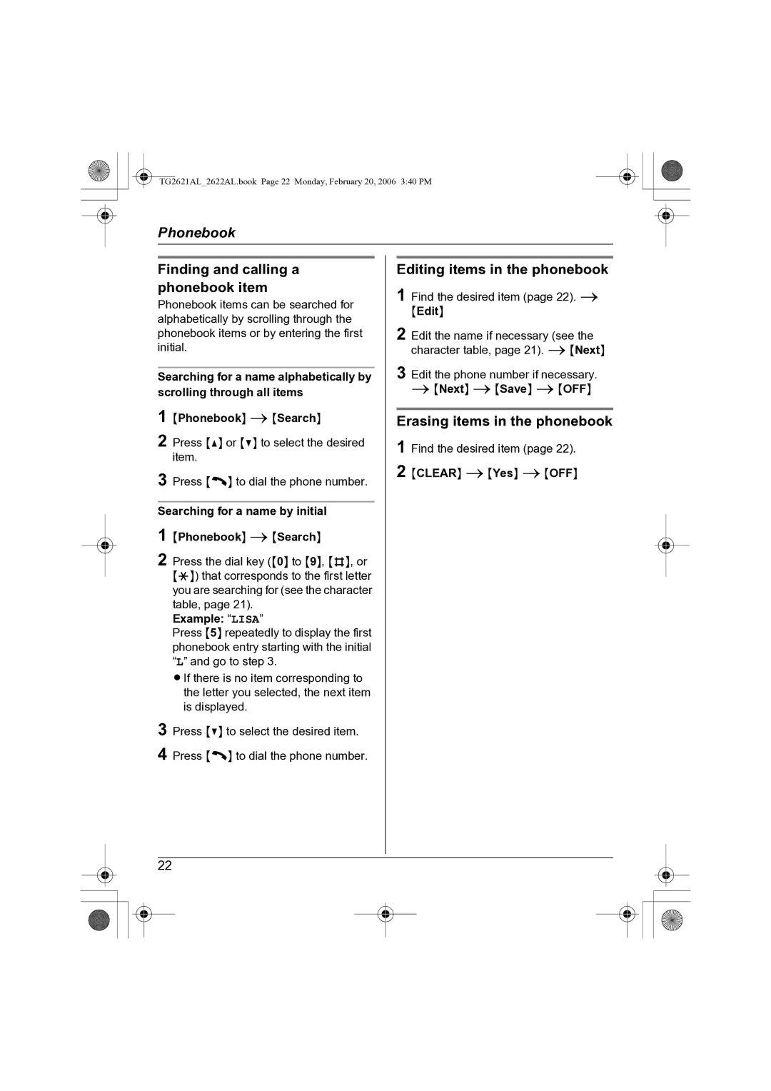 Panasonic KX-TG2622AL Finding and calling a phonebook item, Editing items in the phonebook, Erasing items in the phonebook 